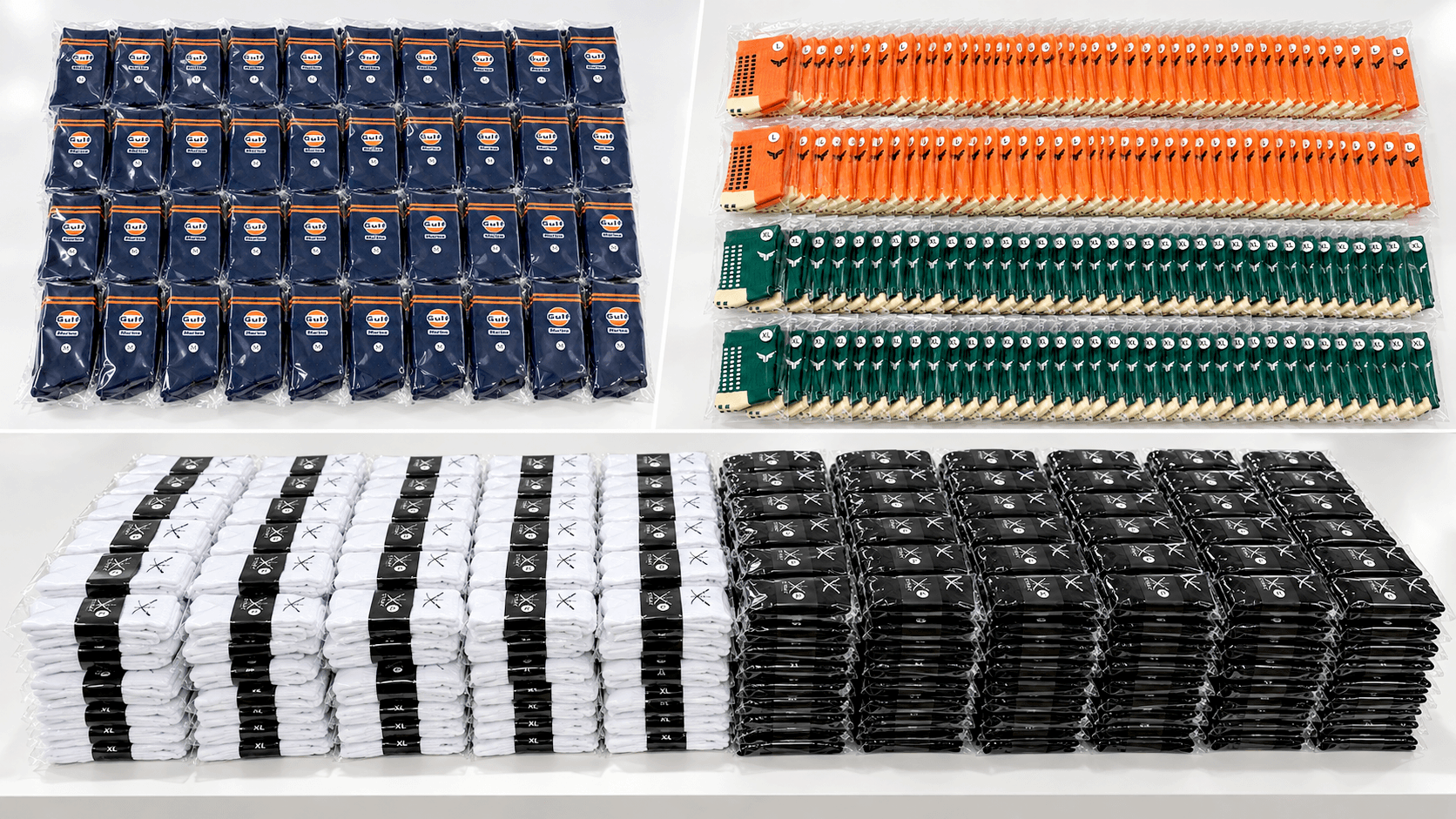 Comparison of 50, 100 and 500 pair custom sock order quantities