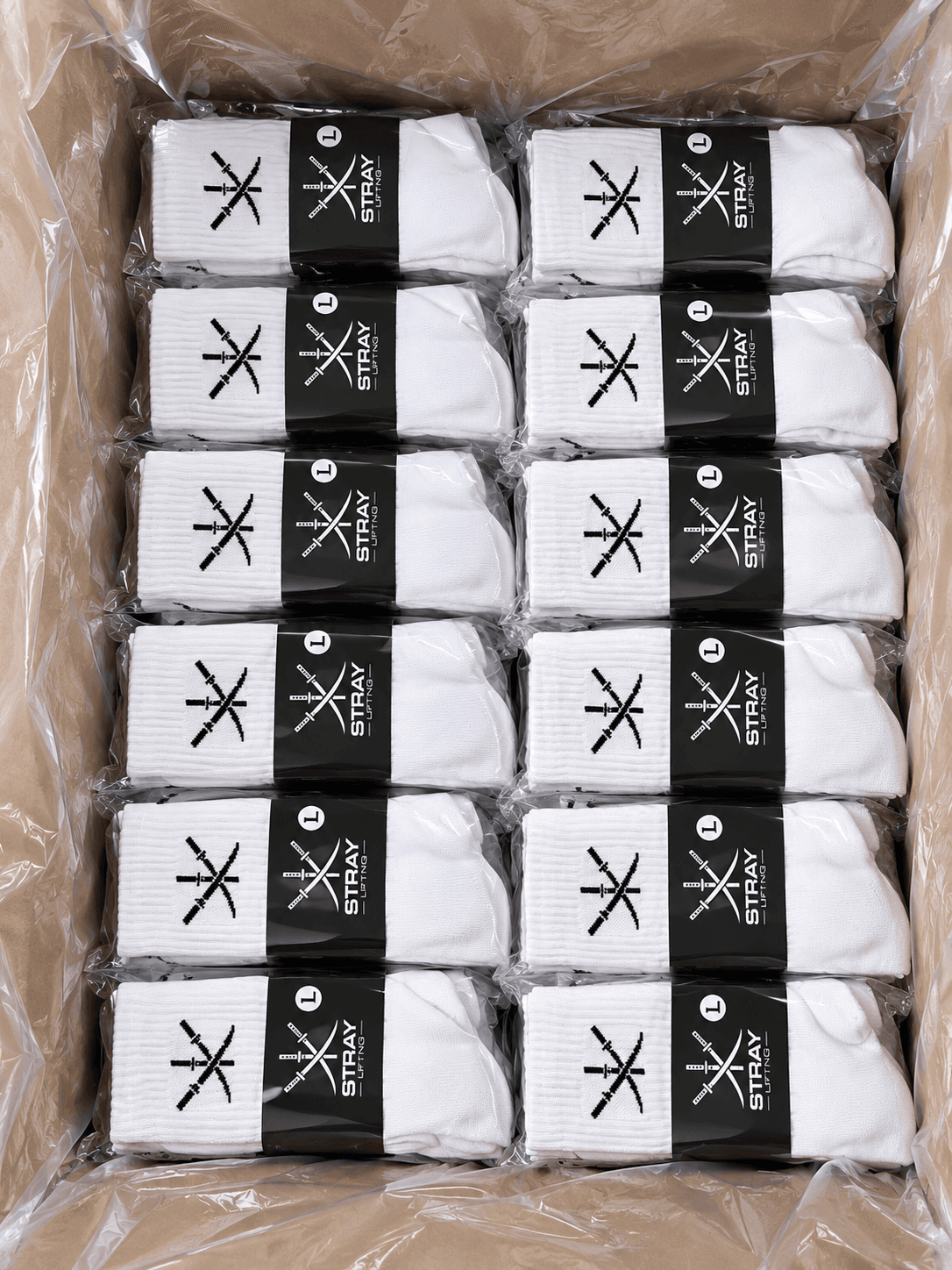 Finished custom socks packed for a bulk order shipment