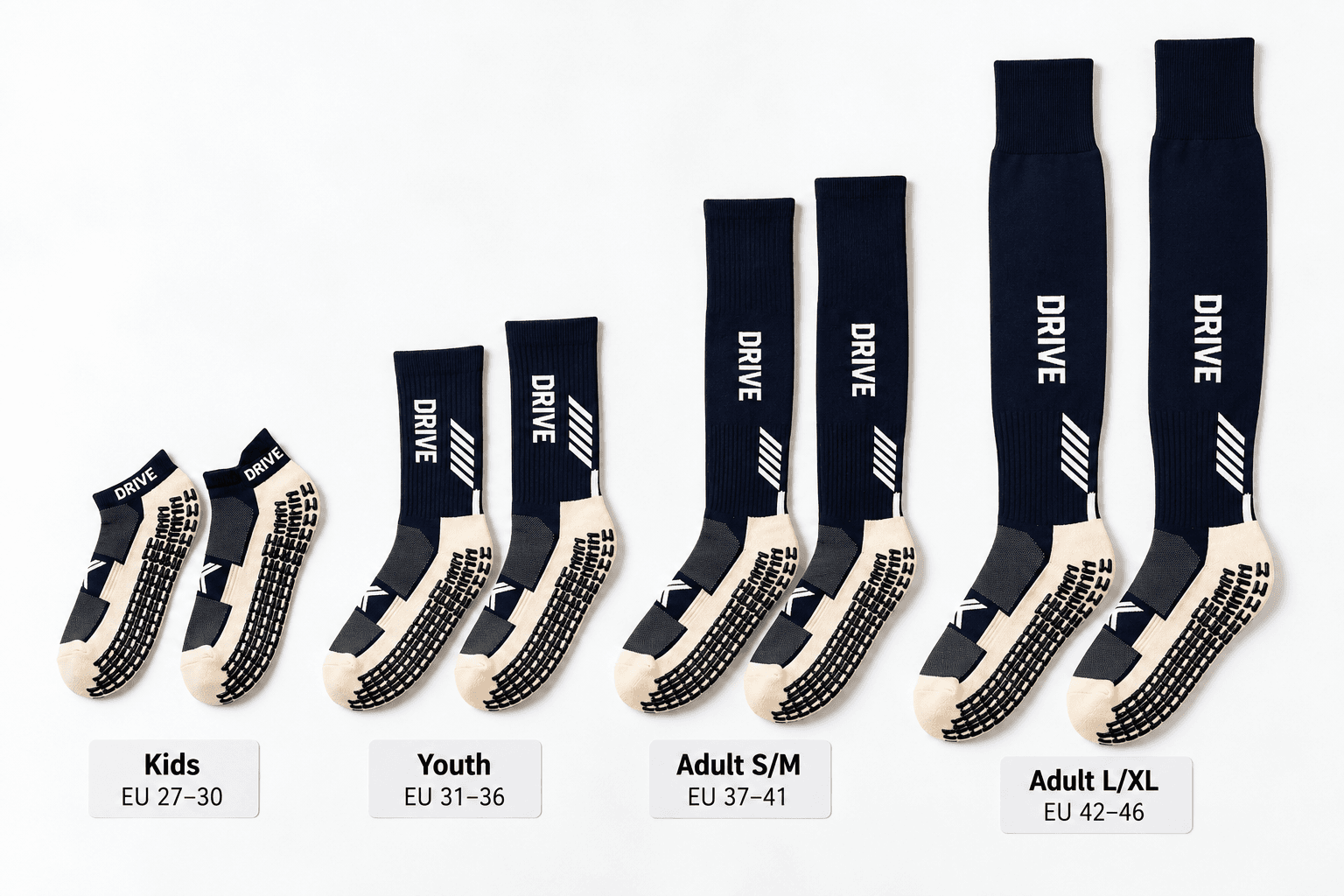 Illustrative football sock collection arranged by kids, youth and adult sizes