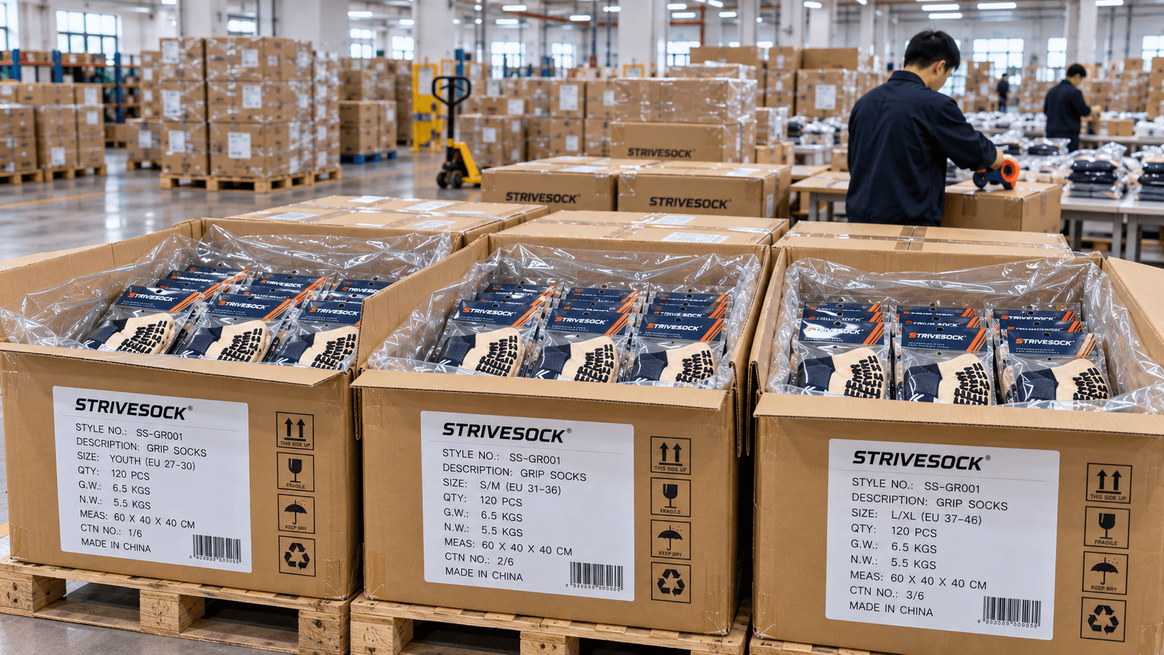 Football sock order cartons ready for shipment
