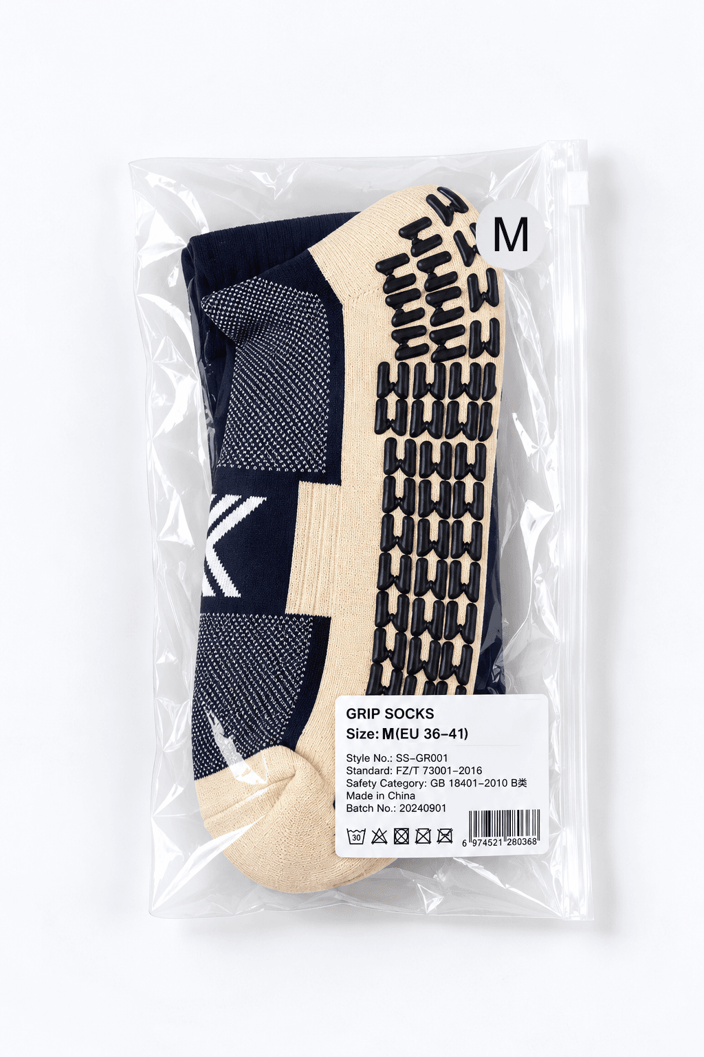Football grip sock in a labeled retail pack