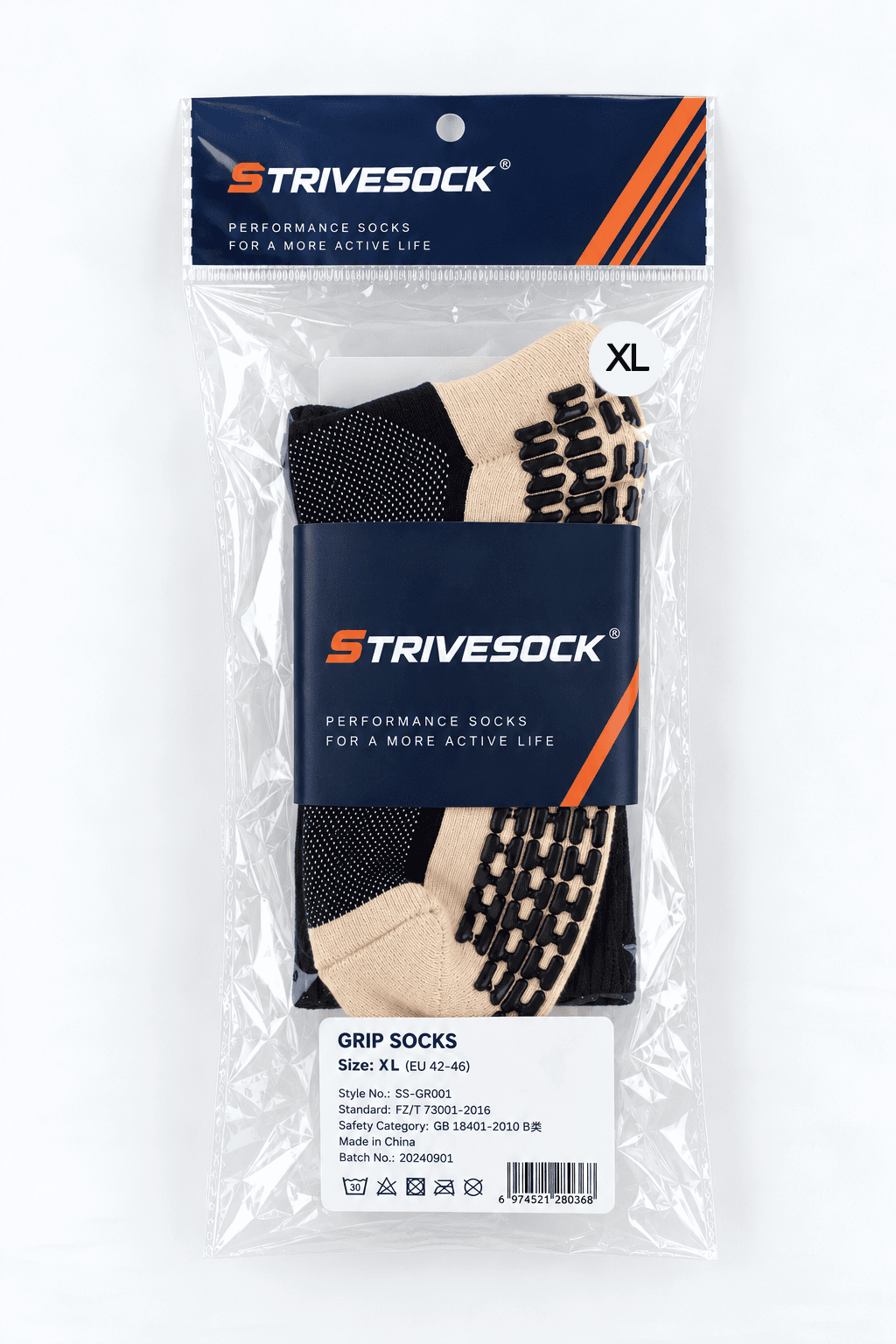 Football grip sock size and packaging example