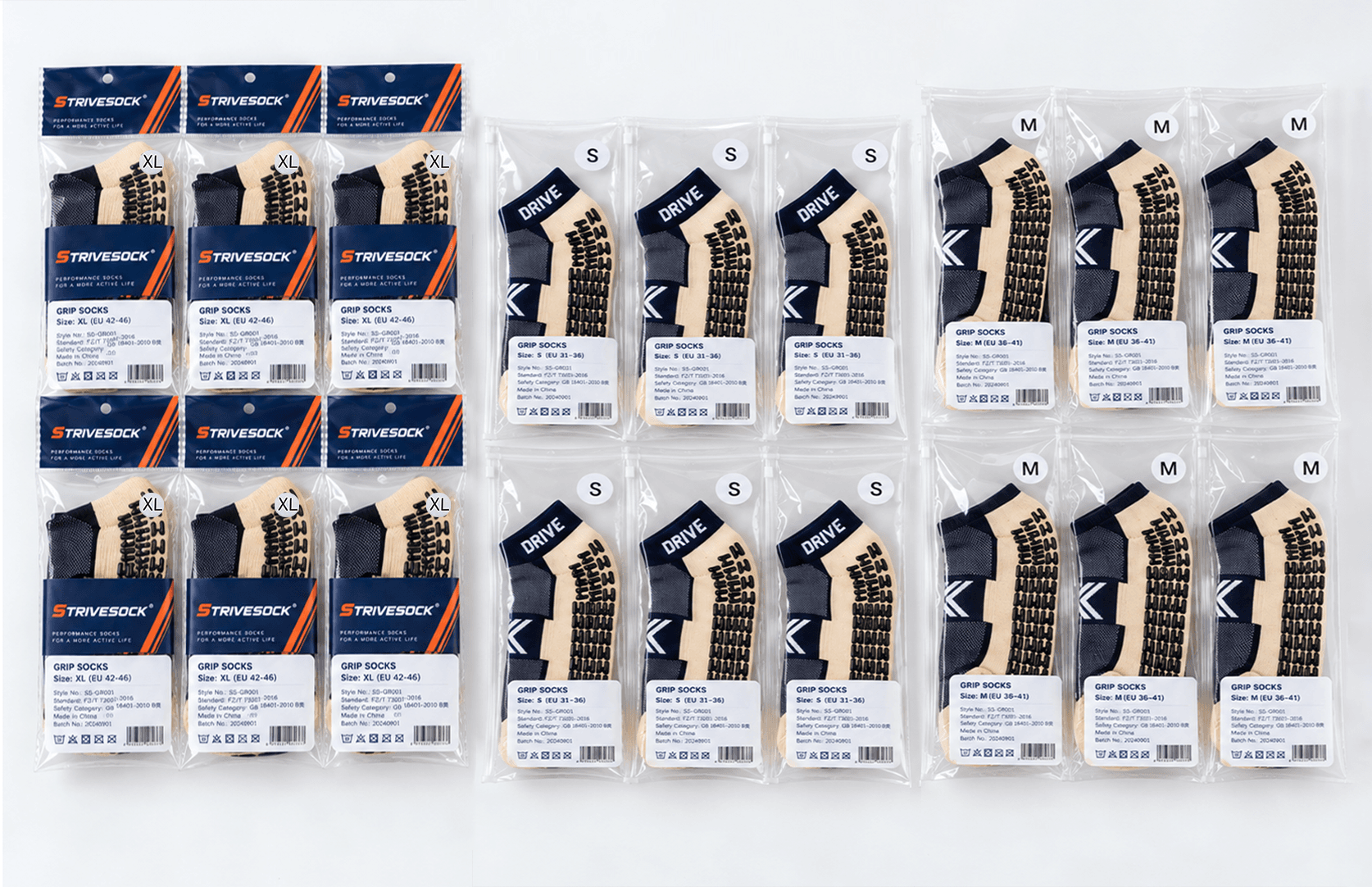Grouped football grip socks in individually labeled size packs