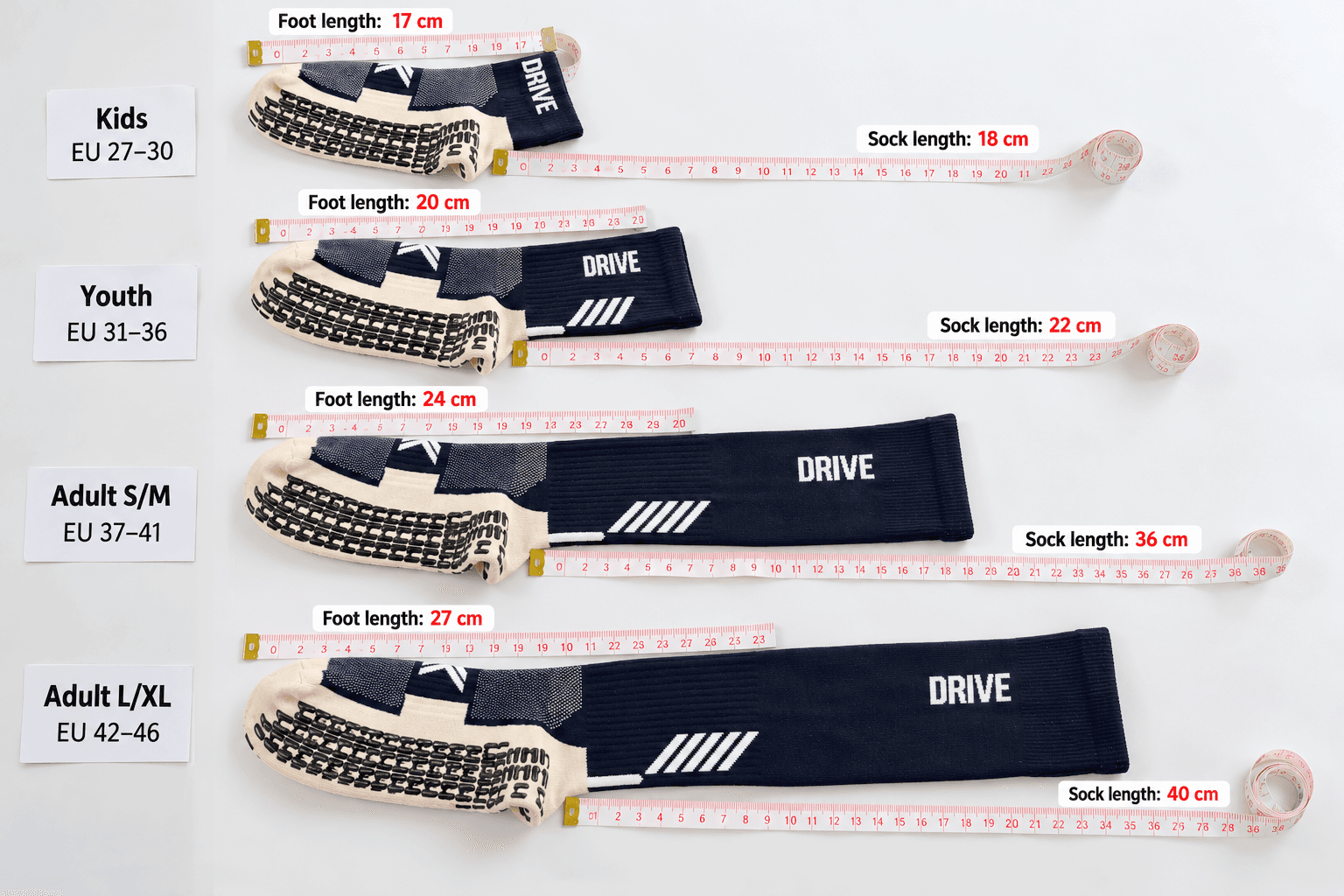 Illustrative foot and sock length measurements across football sock sizes