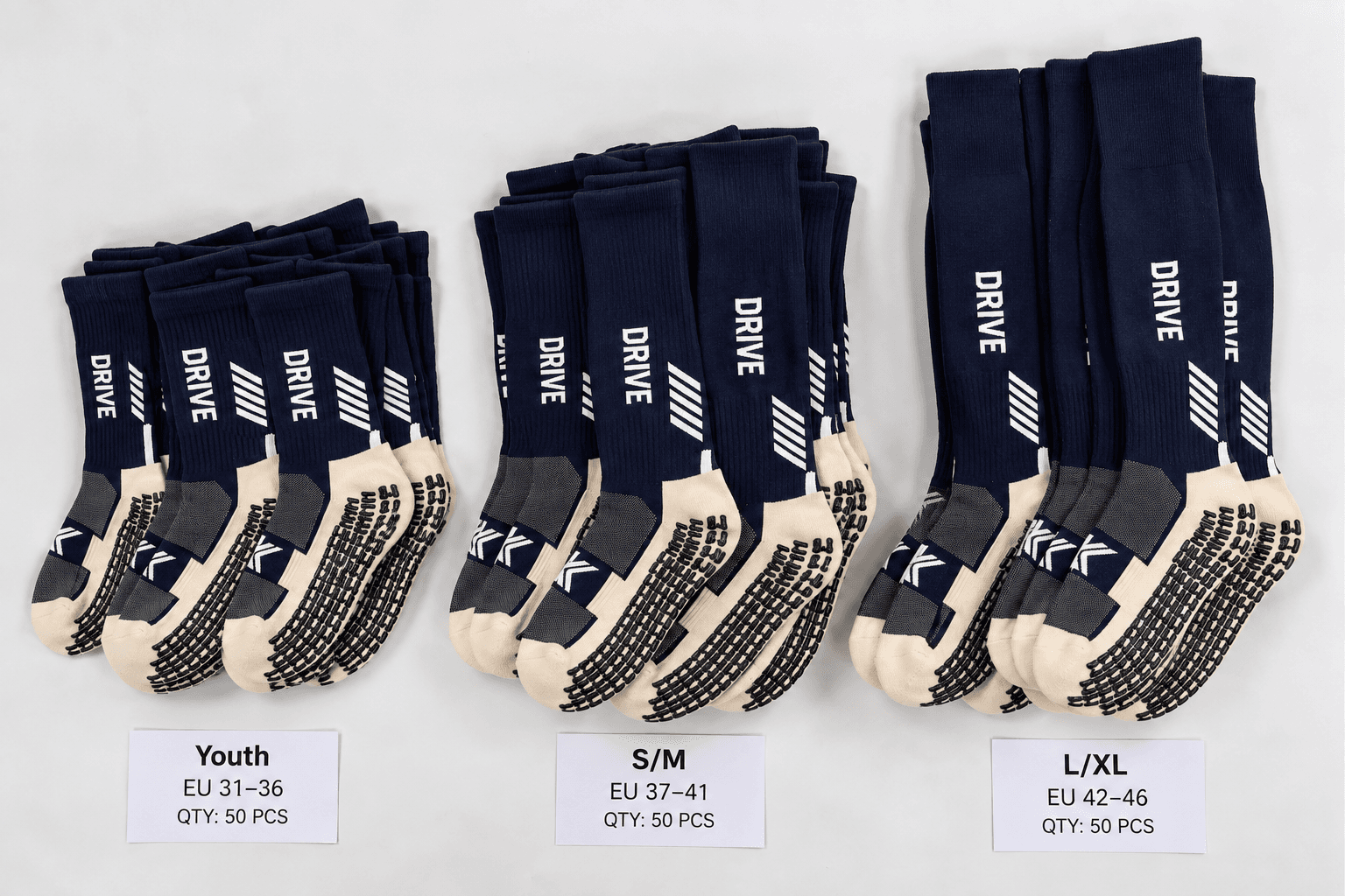 Football team socks grouped into different size quantities