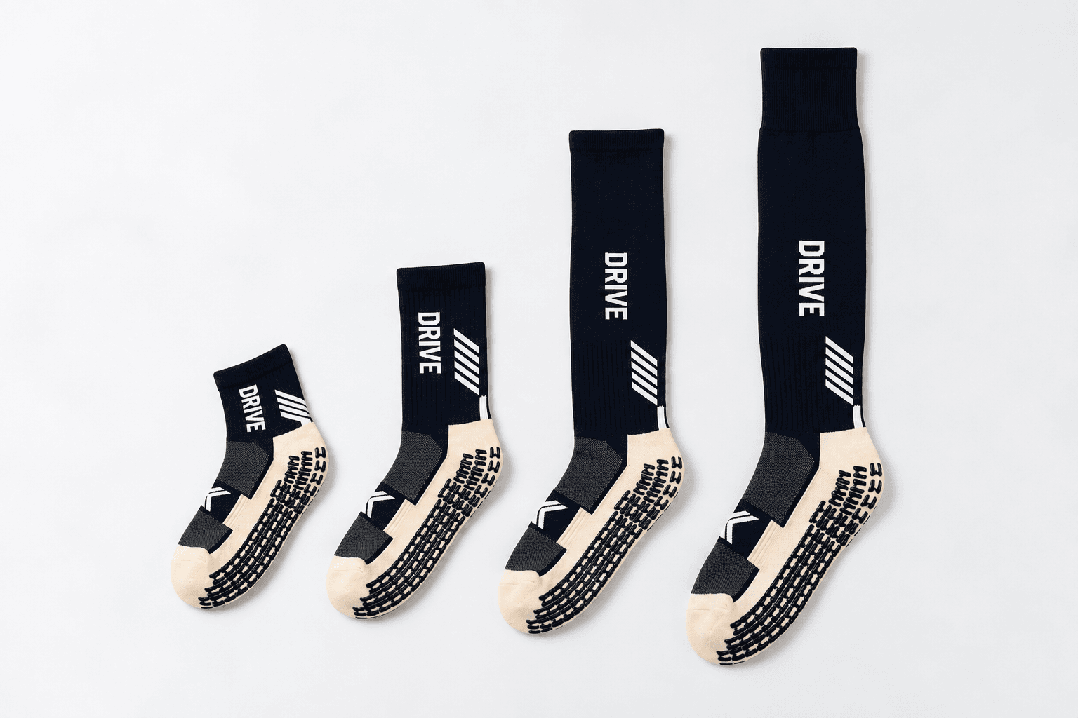 Kids, youth and adult football sock styles shown together