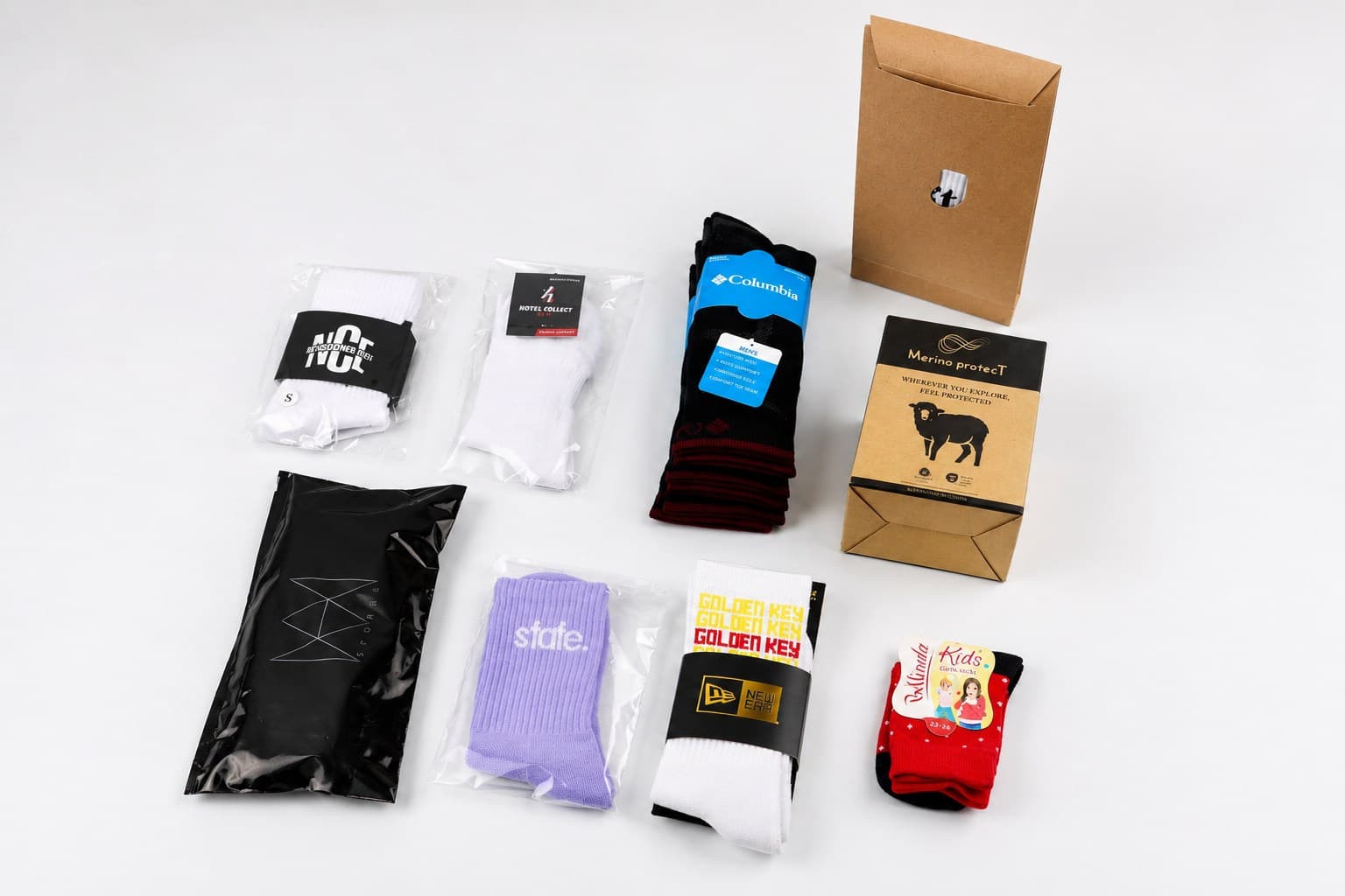Private label sock packaging options including bands, bags, cards and boxes