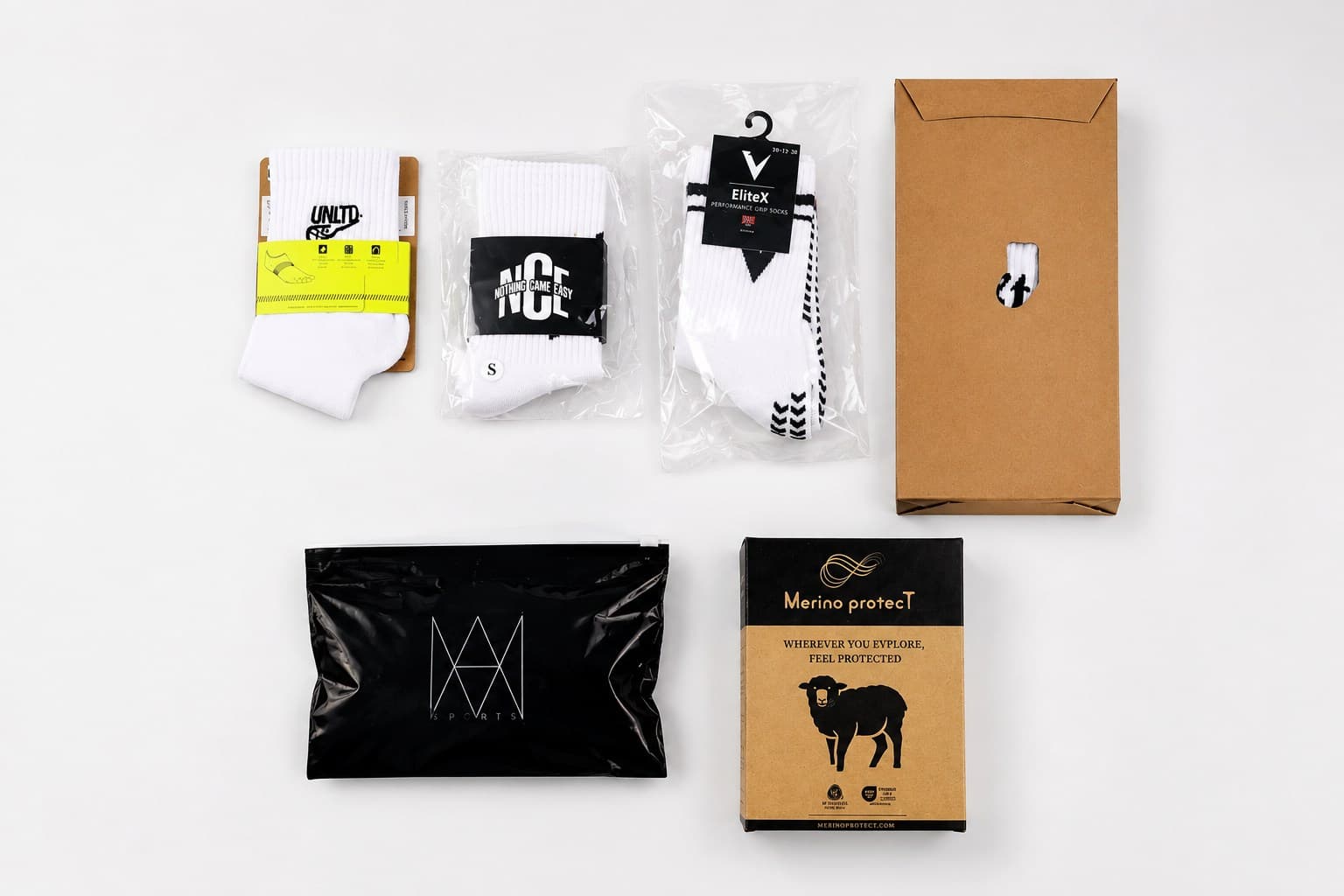 Custom sock packaging with hang tags, sleeves and clear retail bags