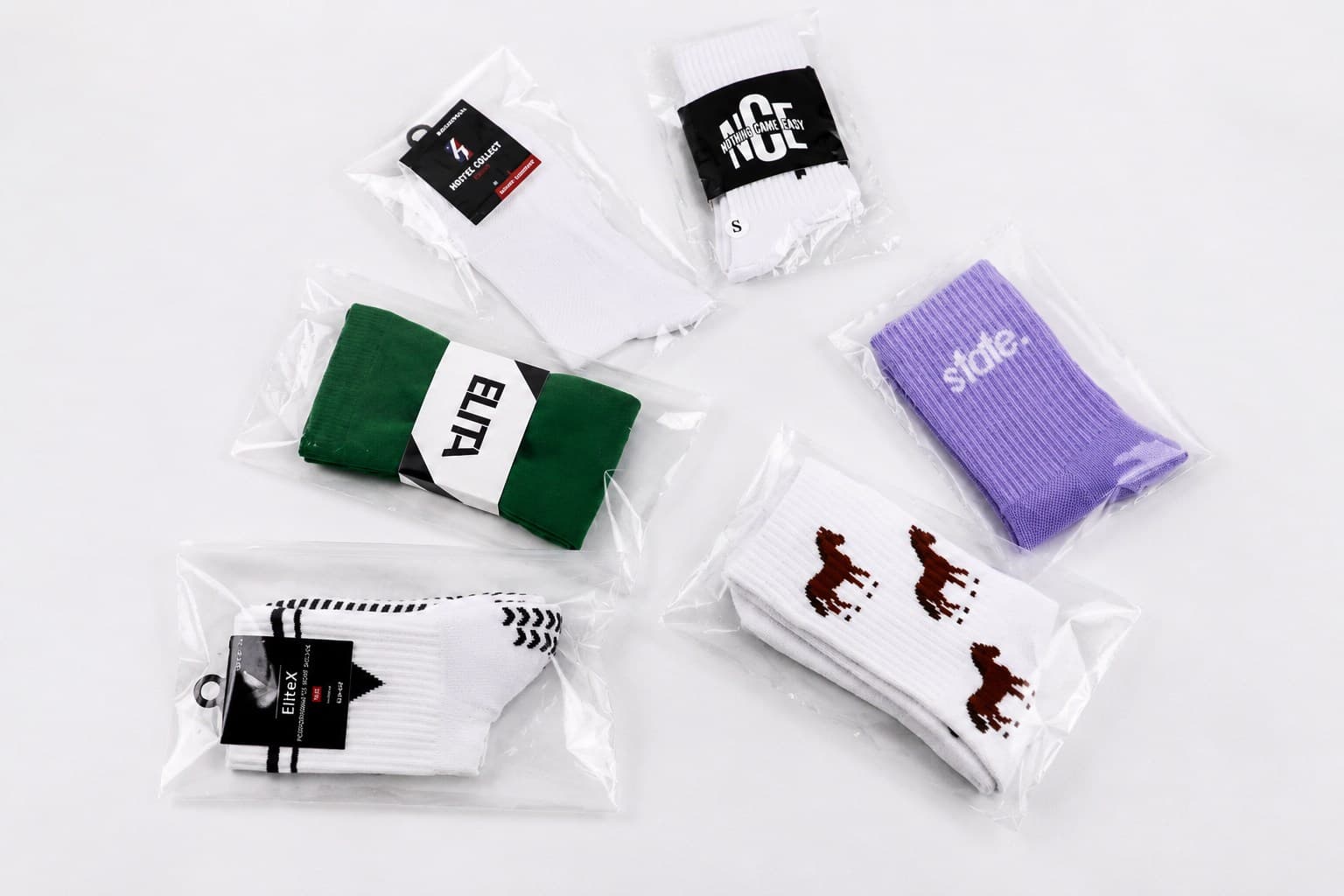 Custom football socks packed in clear bags with branded labels