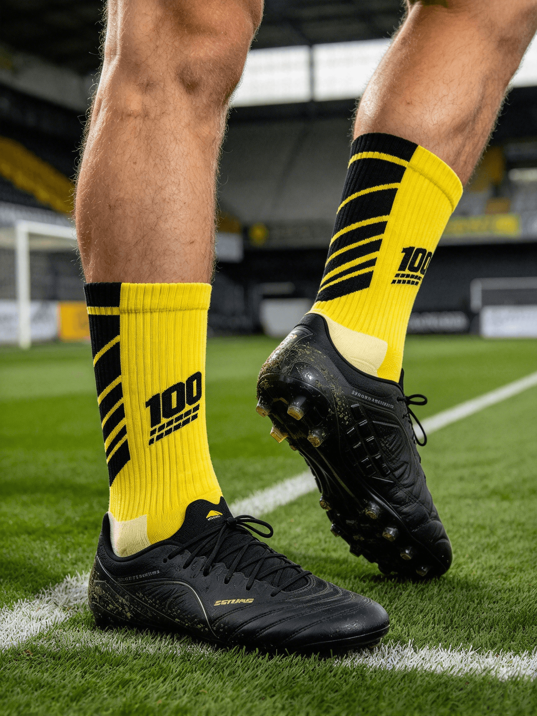 Football player testing a yellow grip sock while wearing football boots