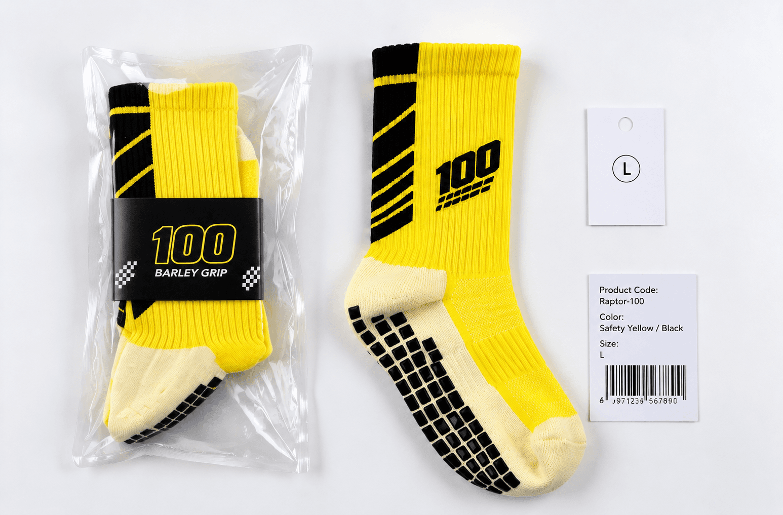 Packaged football sock with size and product code labels