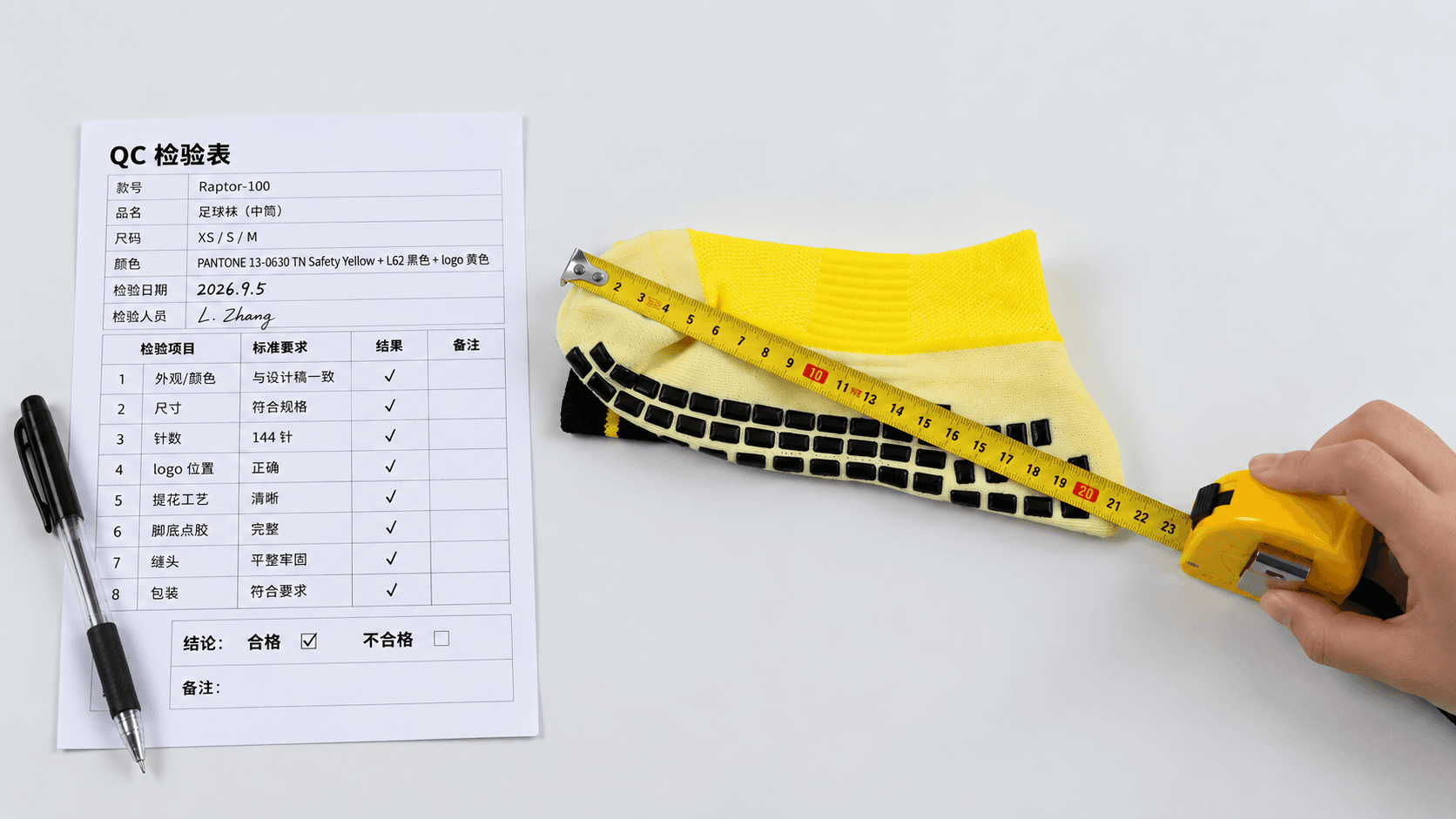 Checking the length of a football sock sample with a measuring tape