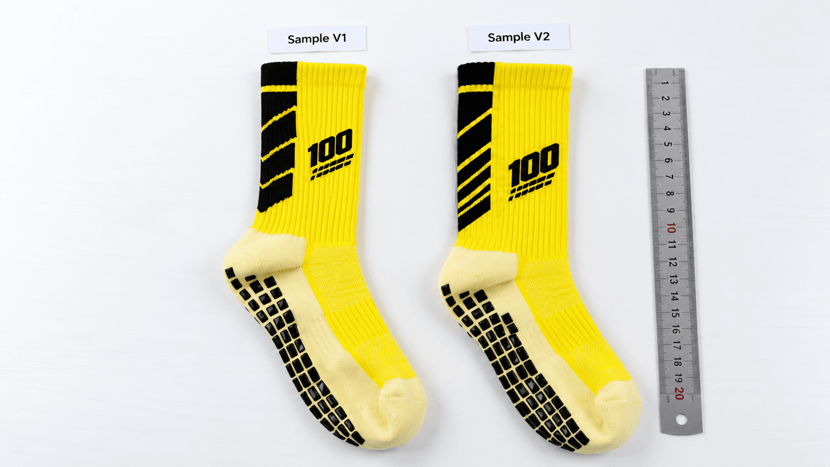 First football sock sample compared with a revised sample