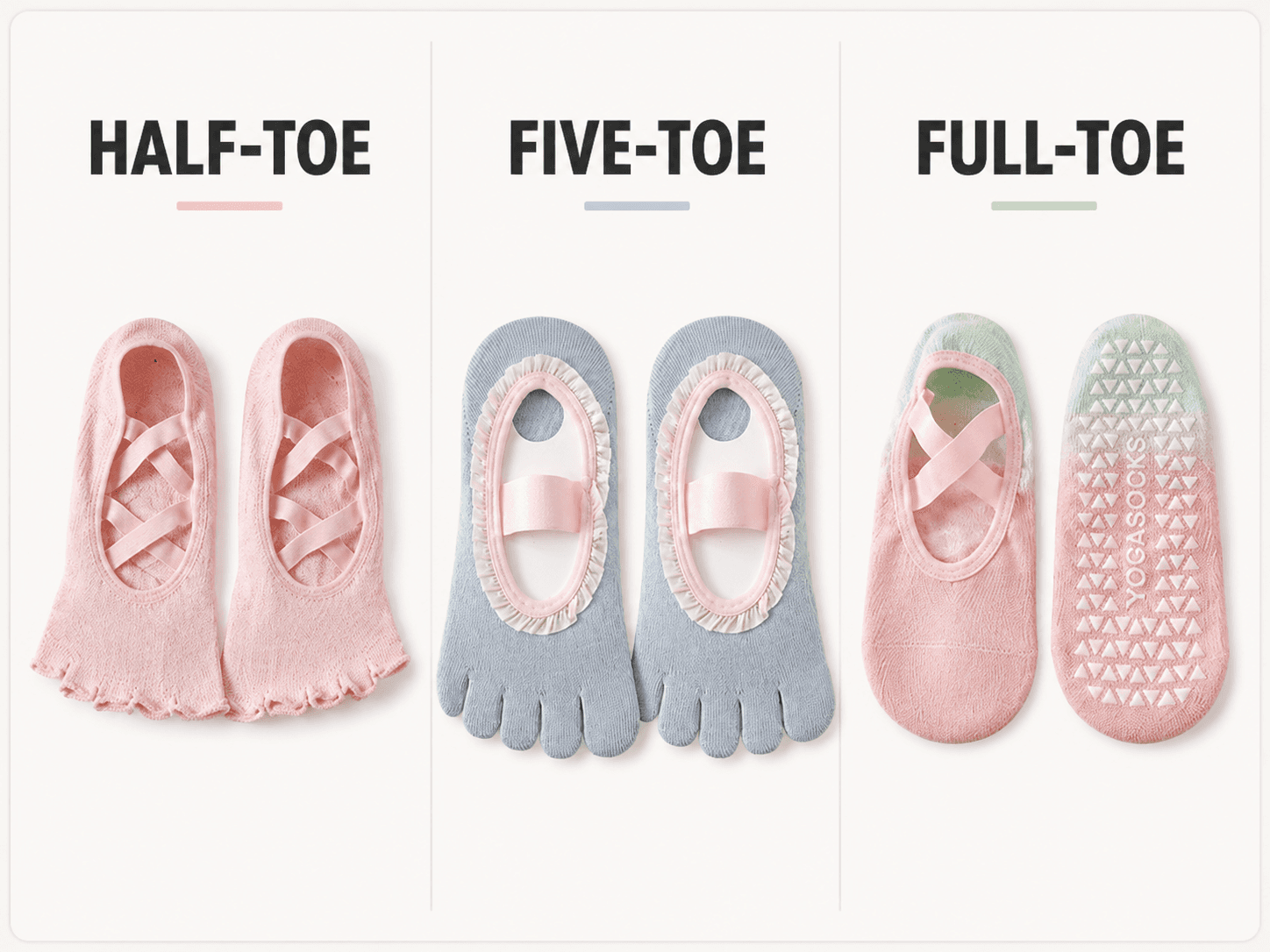 Half-toe, five-toe and full-toe Pilates grip sock structure comparison
