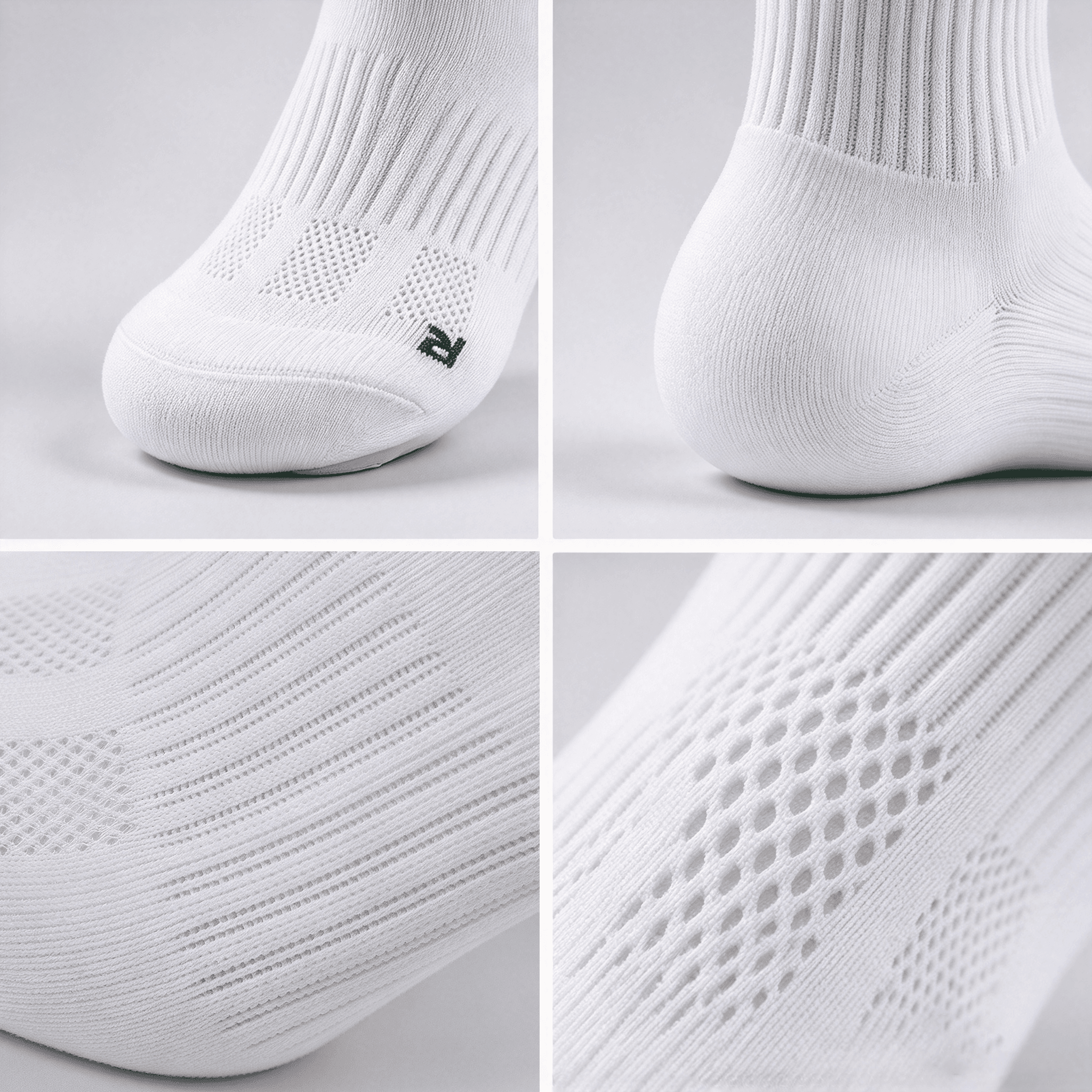 Close-up comparison of toe, heel, arch and mesh zones on a running sock