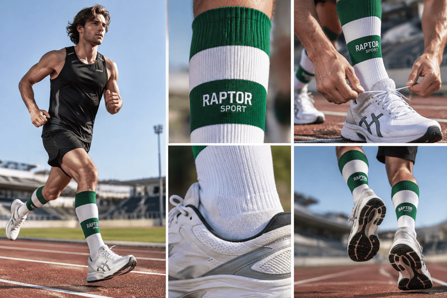 Running sock wear-test collage showing cuff, heel, shoe fit and stride