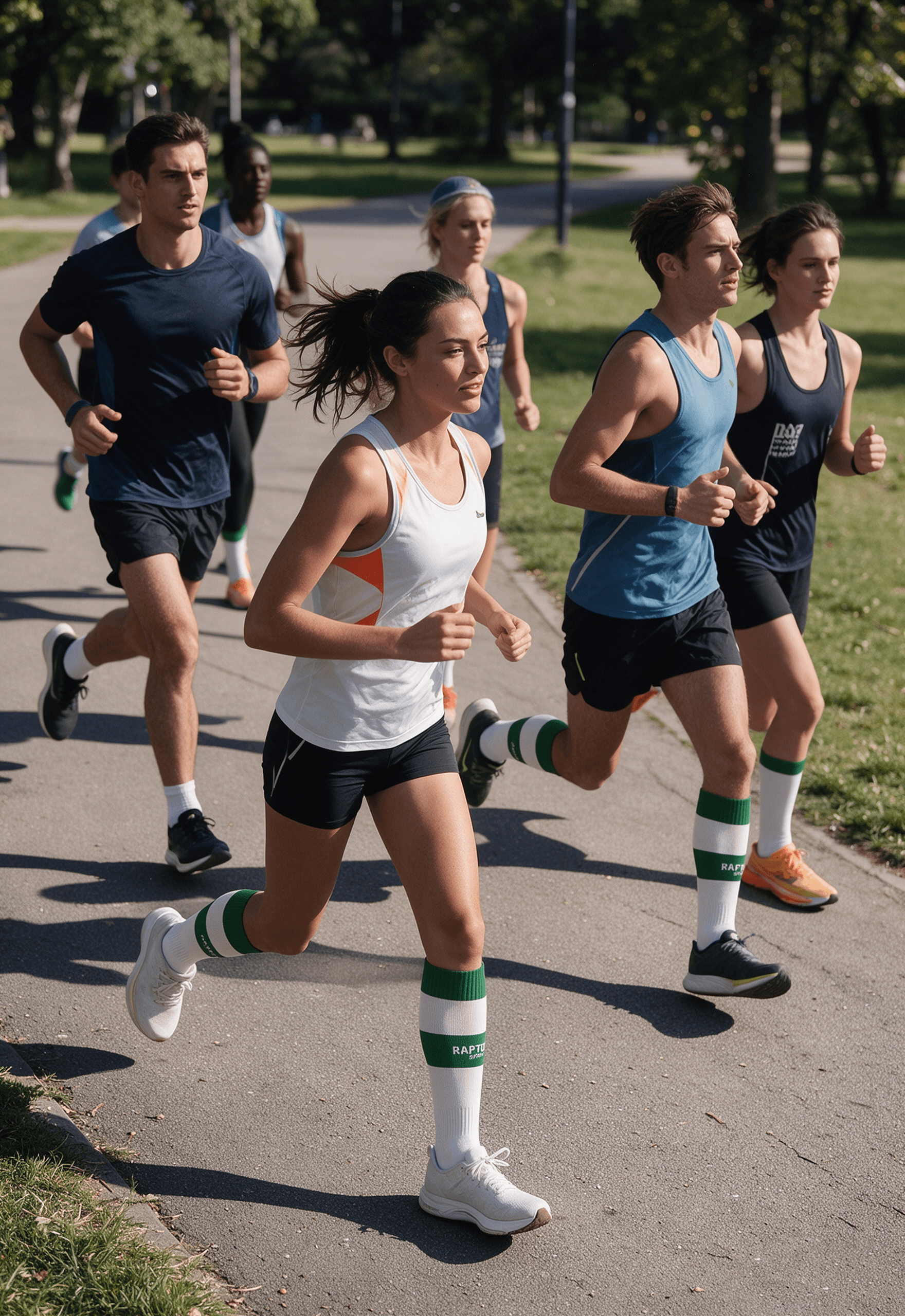 Group of runners testing branded running socks outdoors