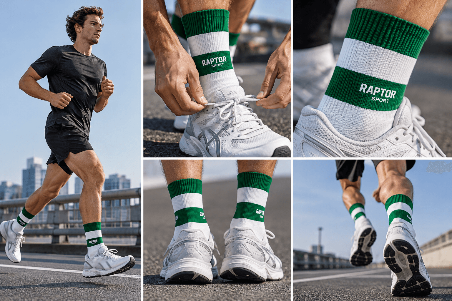Running sock field-test collage showing fit and movement from several angles