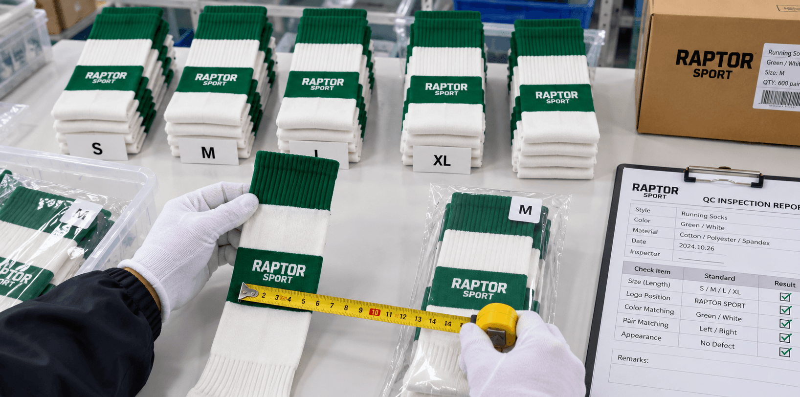 Running socks being checked by size against a quality inspection sheet