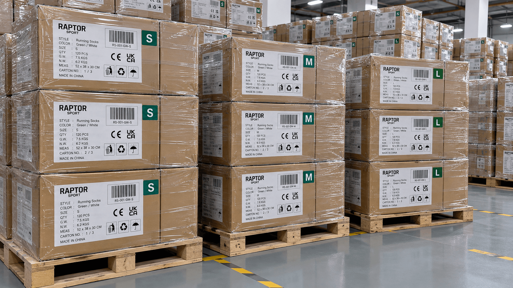 Pallets of size-labeled running sock cartons ready for bulk dispatch