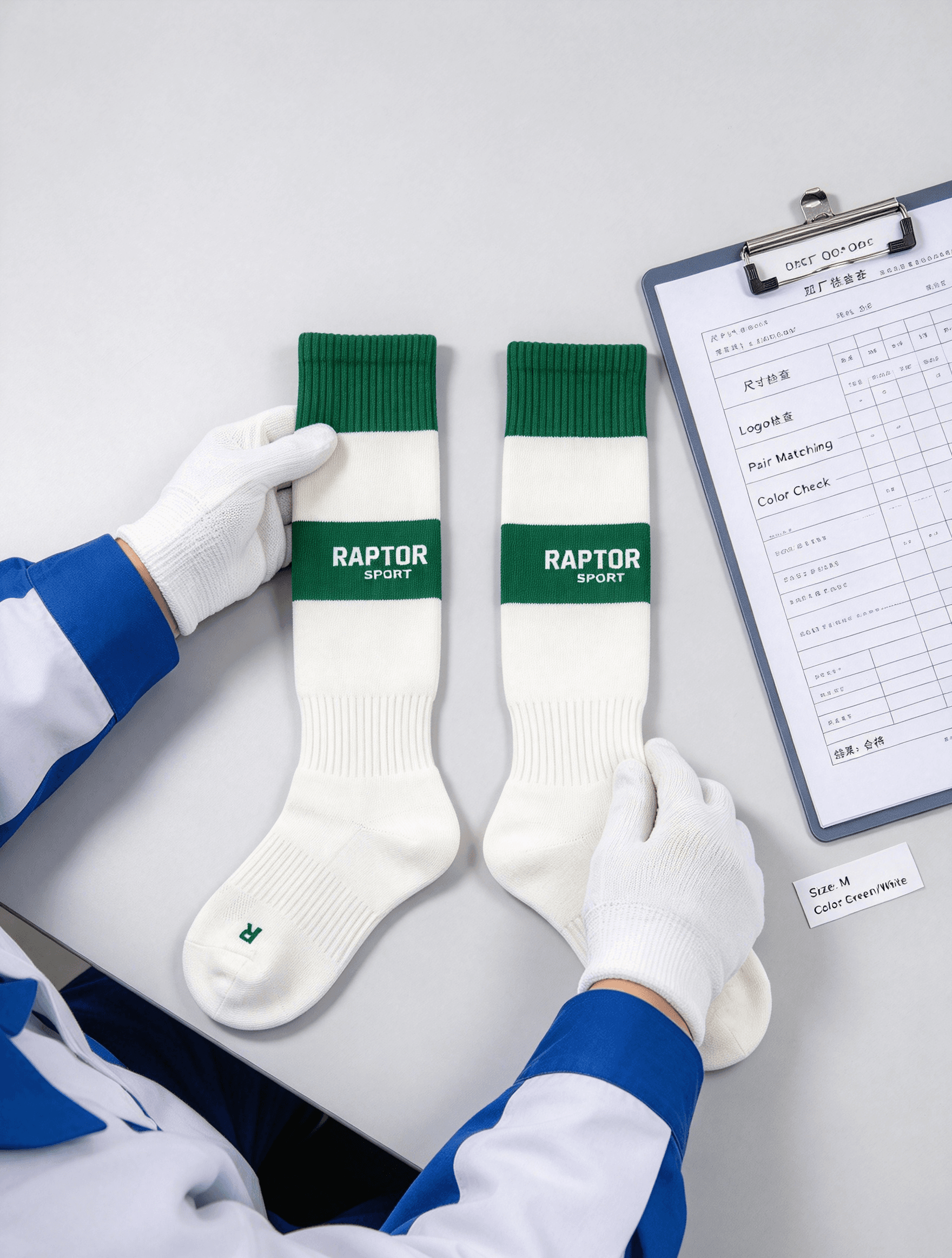 Quality inspector comparing two running socks beside an inspection checklist