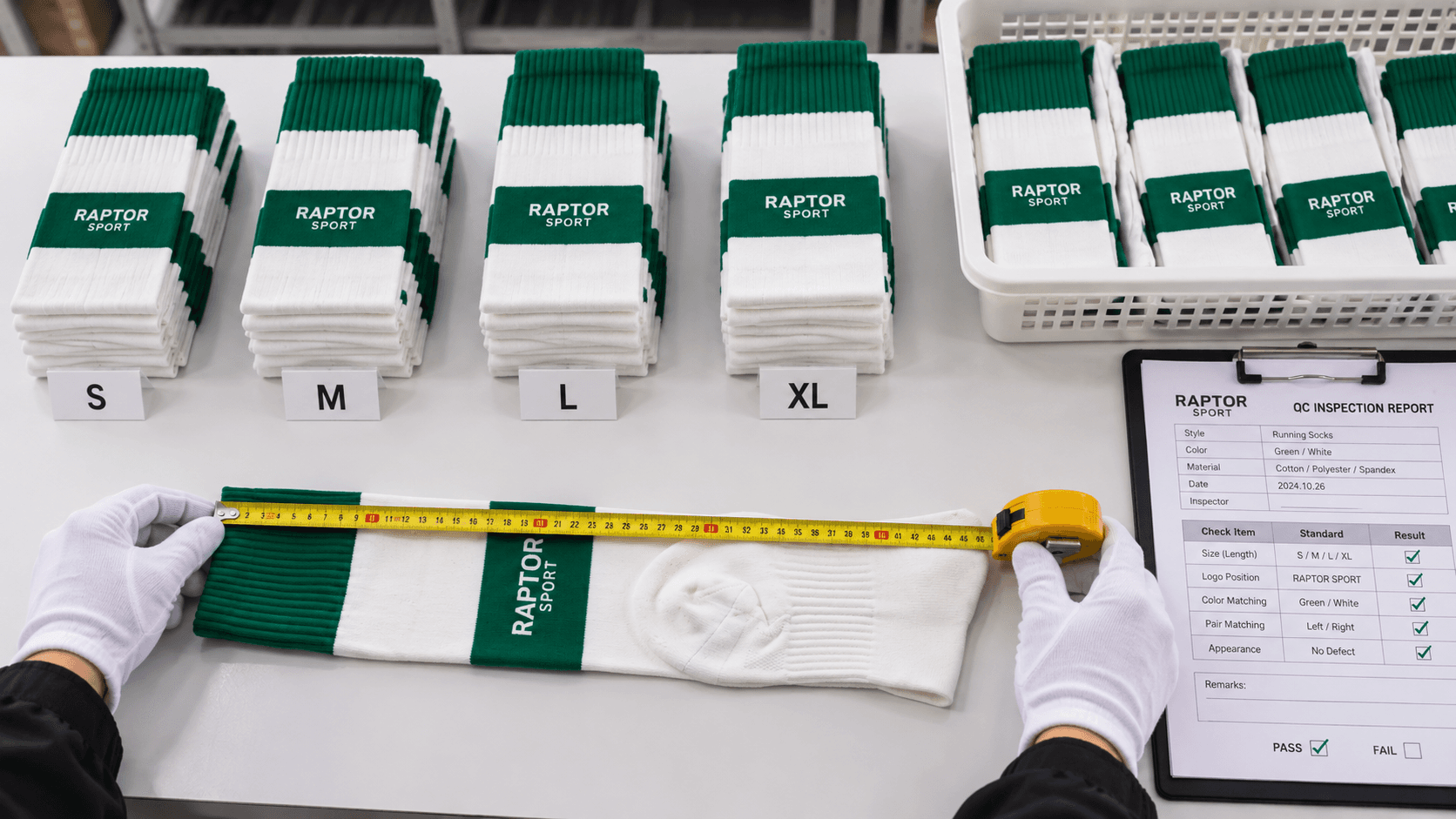 Measuring a running sock during bulk quality control