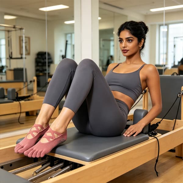 Yoga studio grip socks on a Pilates reformer