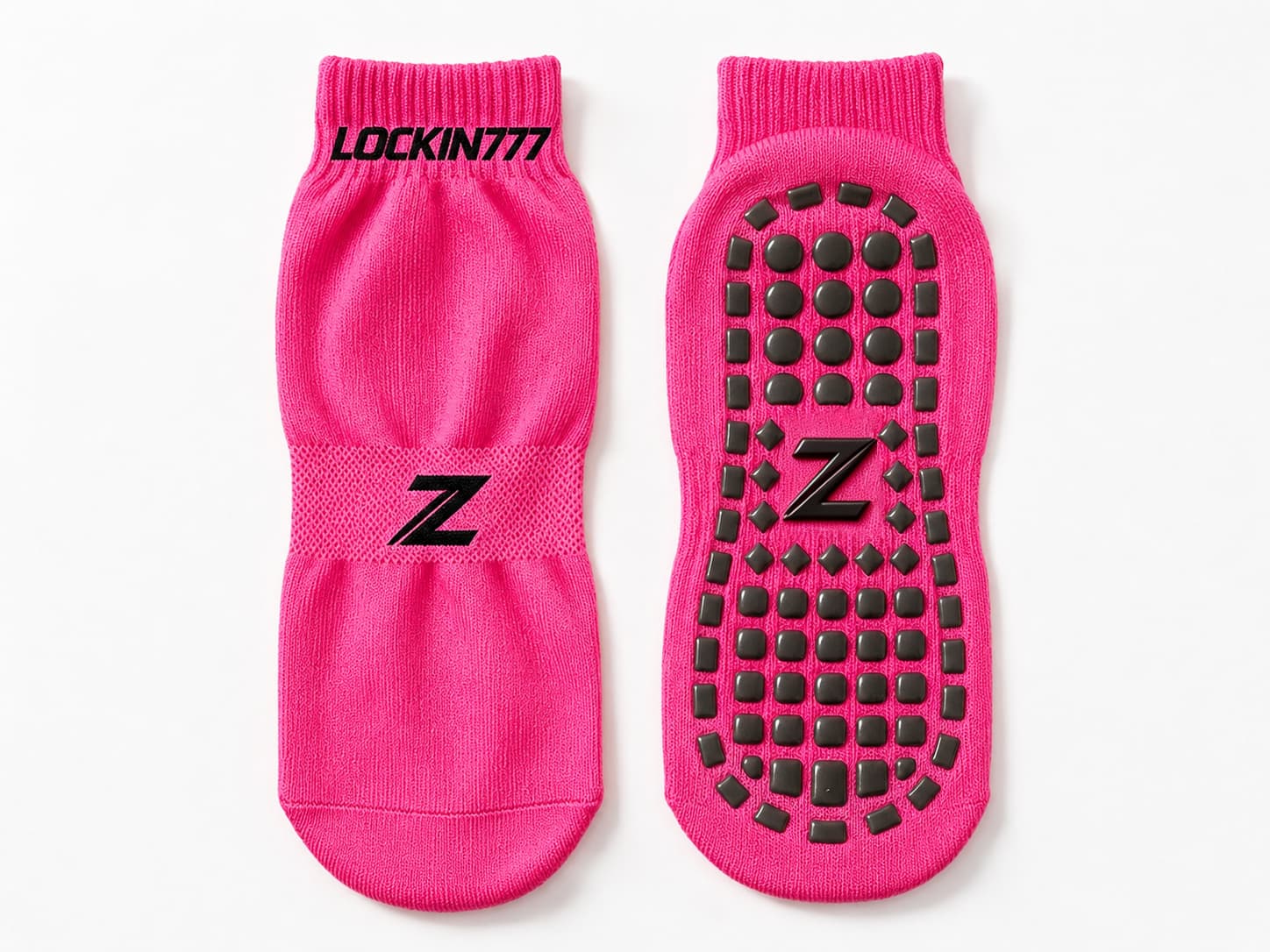 Pink custom trampoline park sock showing the branded upper and full sole grip