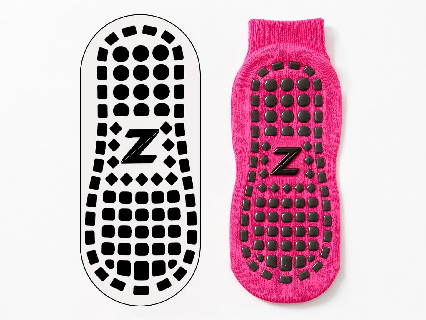 Custom logo trampoline grip socks shown from the top and sole