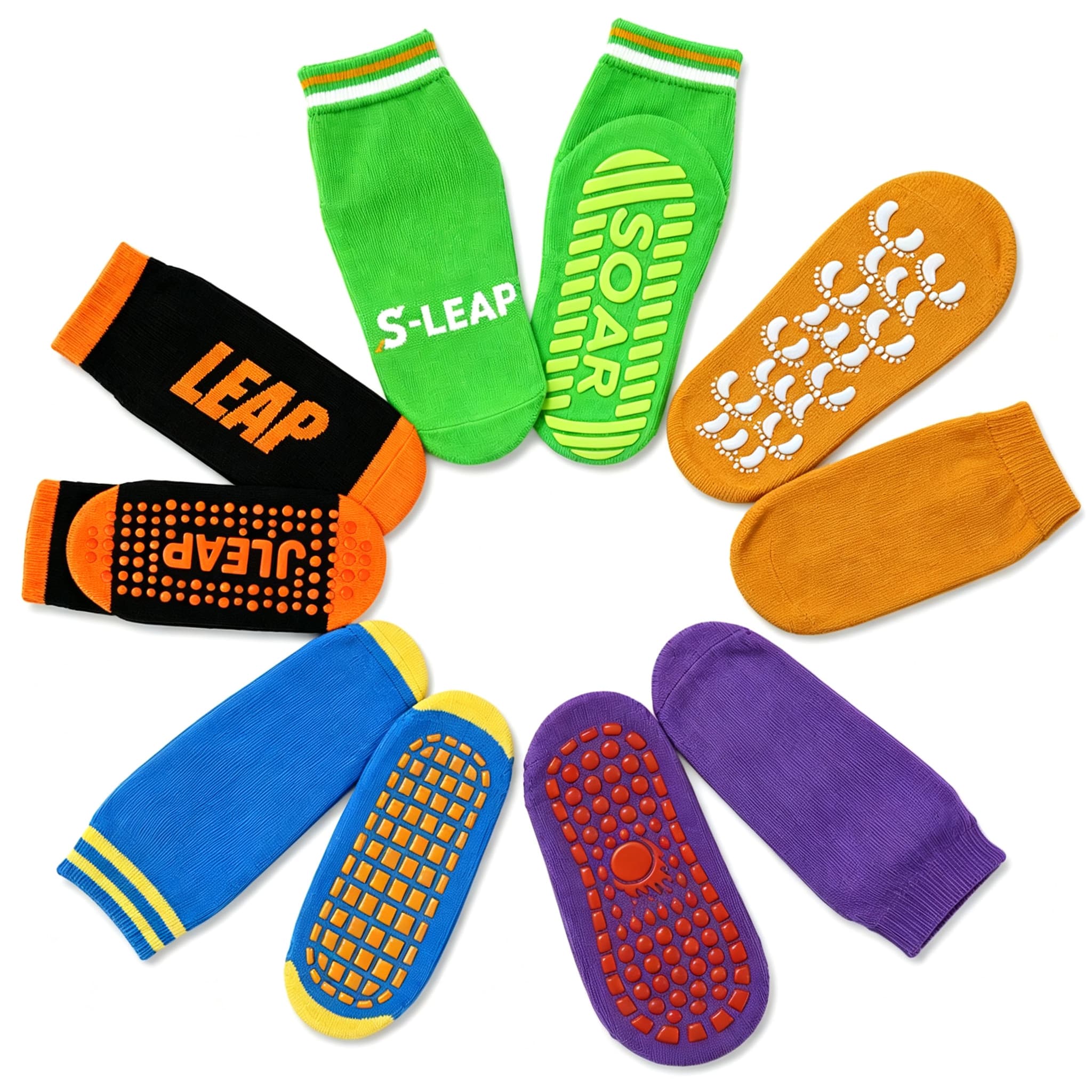 Custom trampoline park grip socks in multiple colors and grip patterns