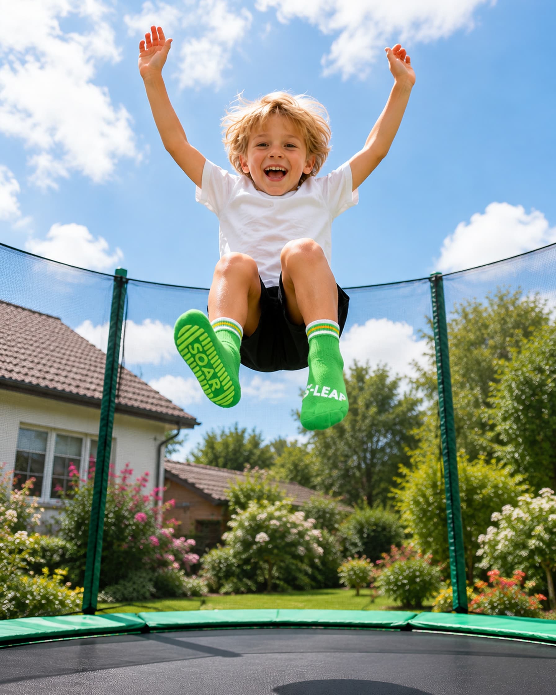 Child wearing bright green trampoline park grip socks while jumping