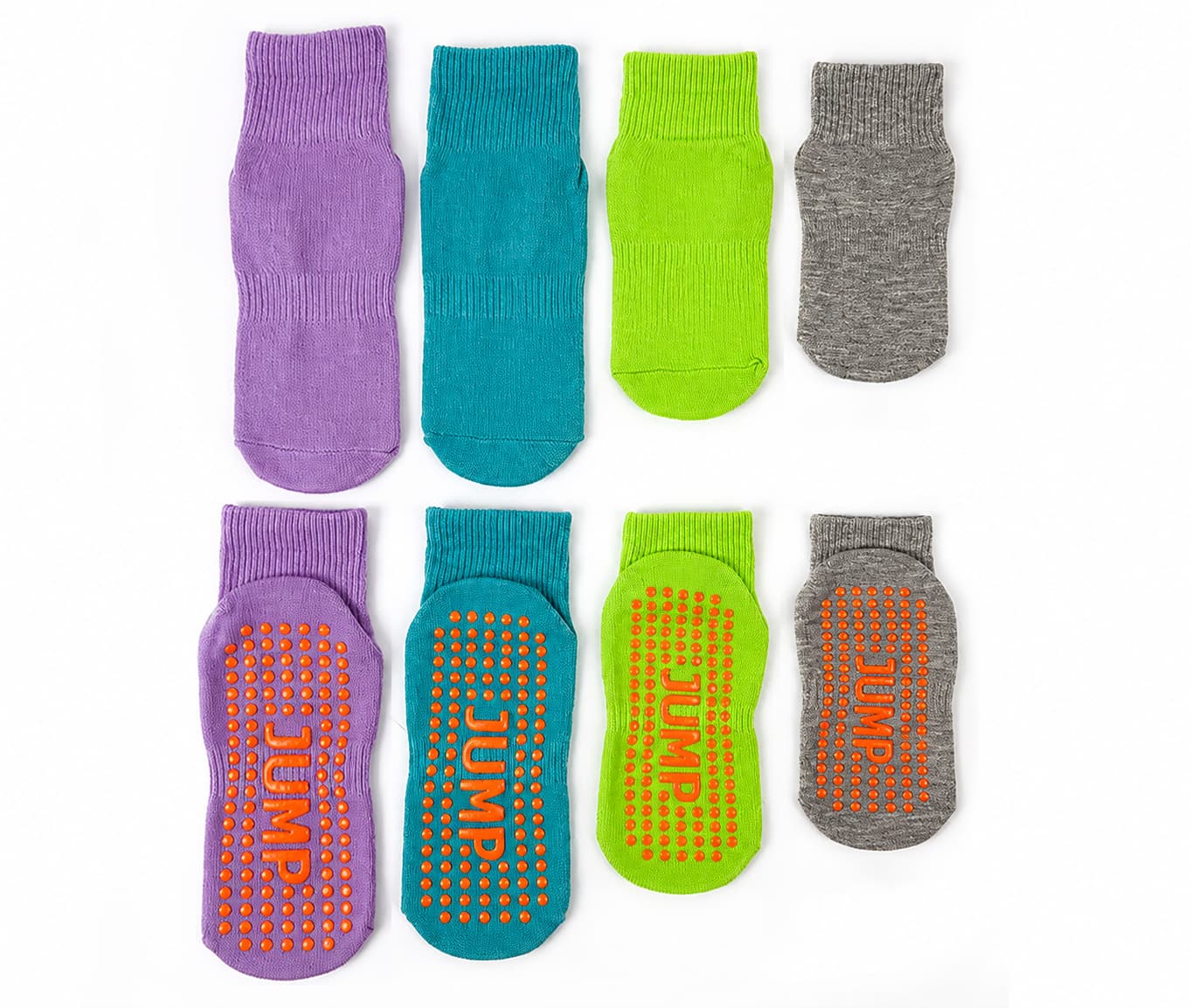 Trampoline park grip socks arranged in kids, youth and adult sizes