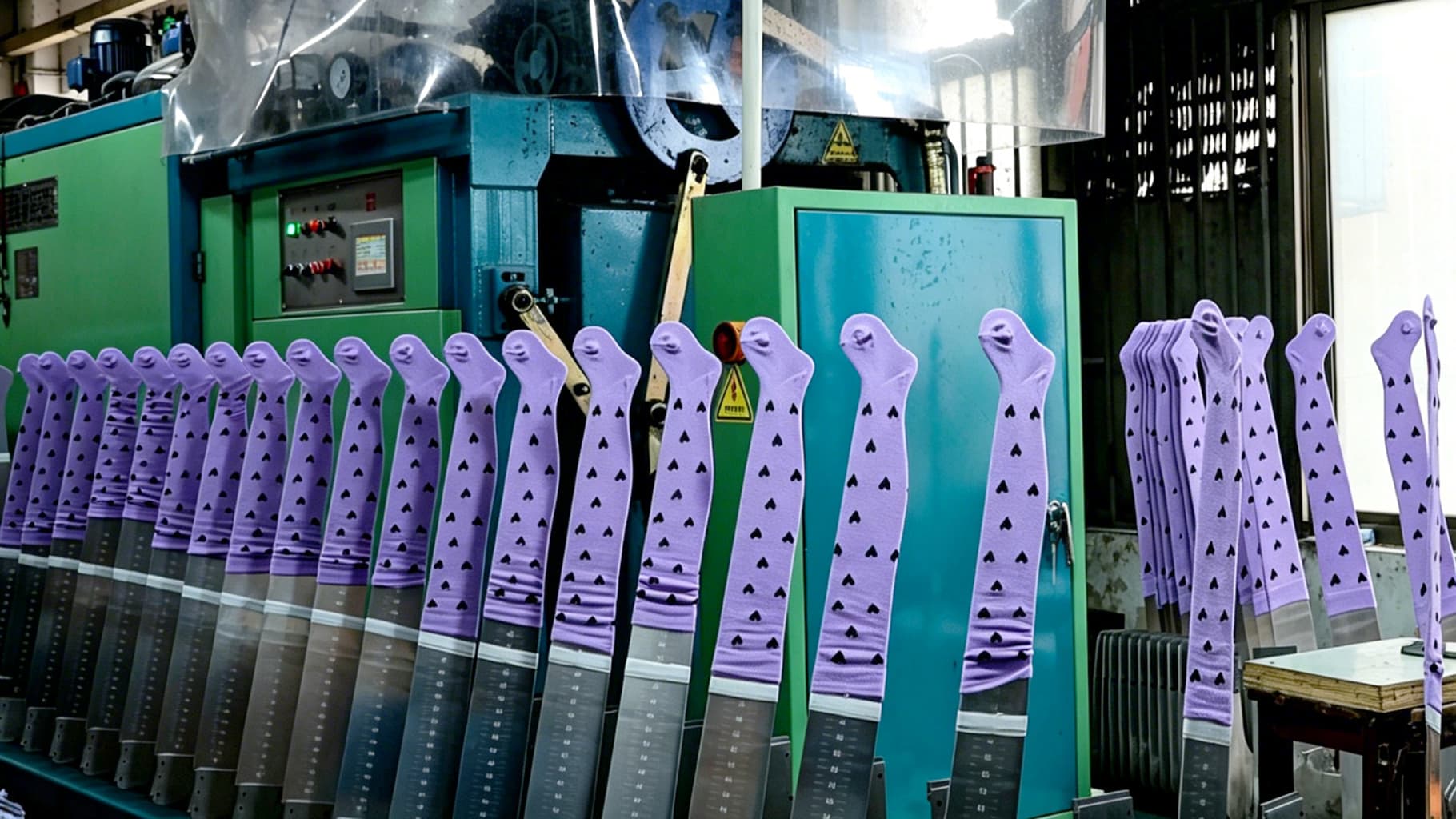 Socks placed on forms during finishing and shaping