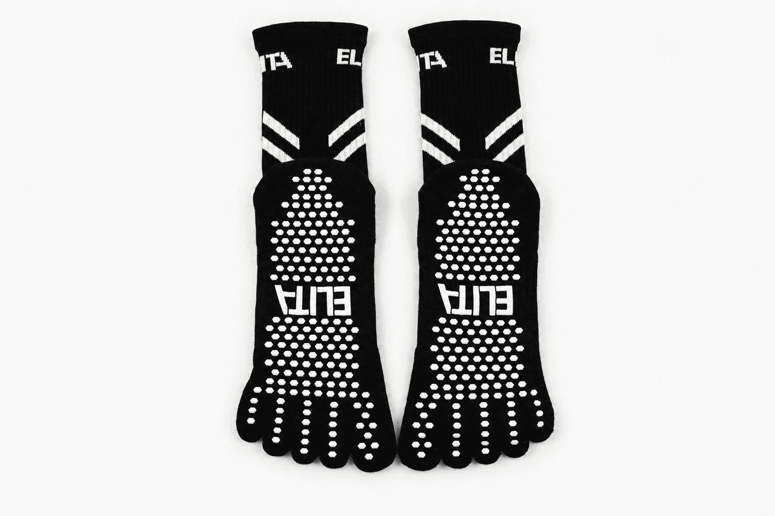 Pair of black five-toe Pilates socks with custom white silicone logo grips