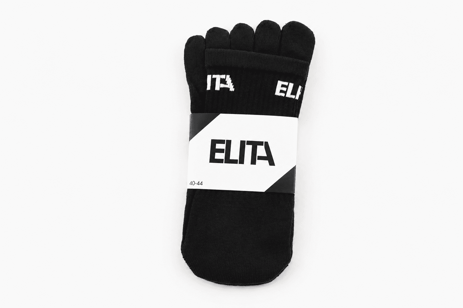 Branded black five-toe Pilates socks with custom paper band packaging