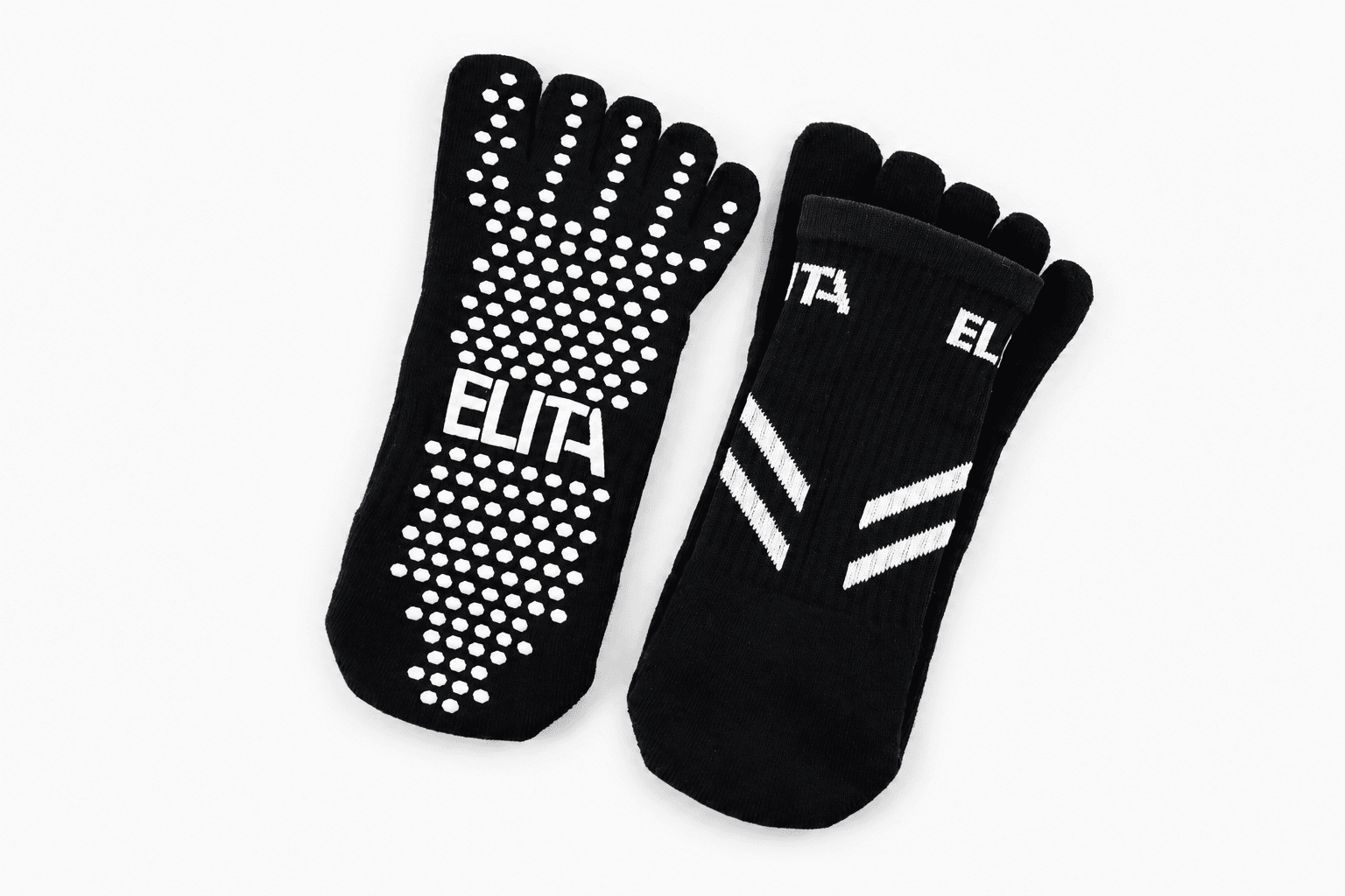 Black branded five-toe Pilates socks showing the upper and custom logo grip sole