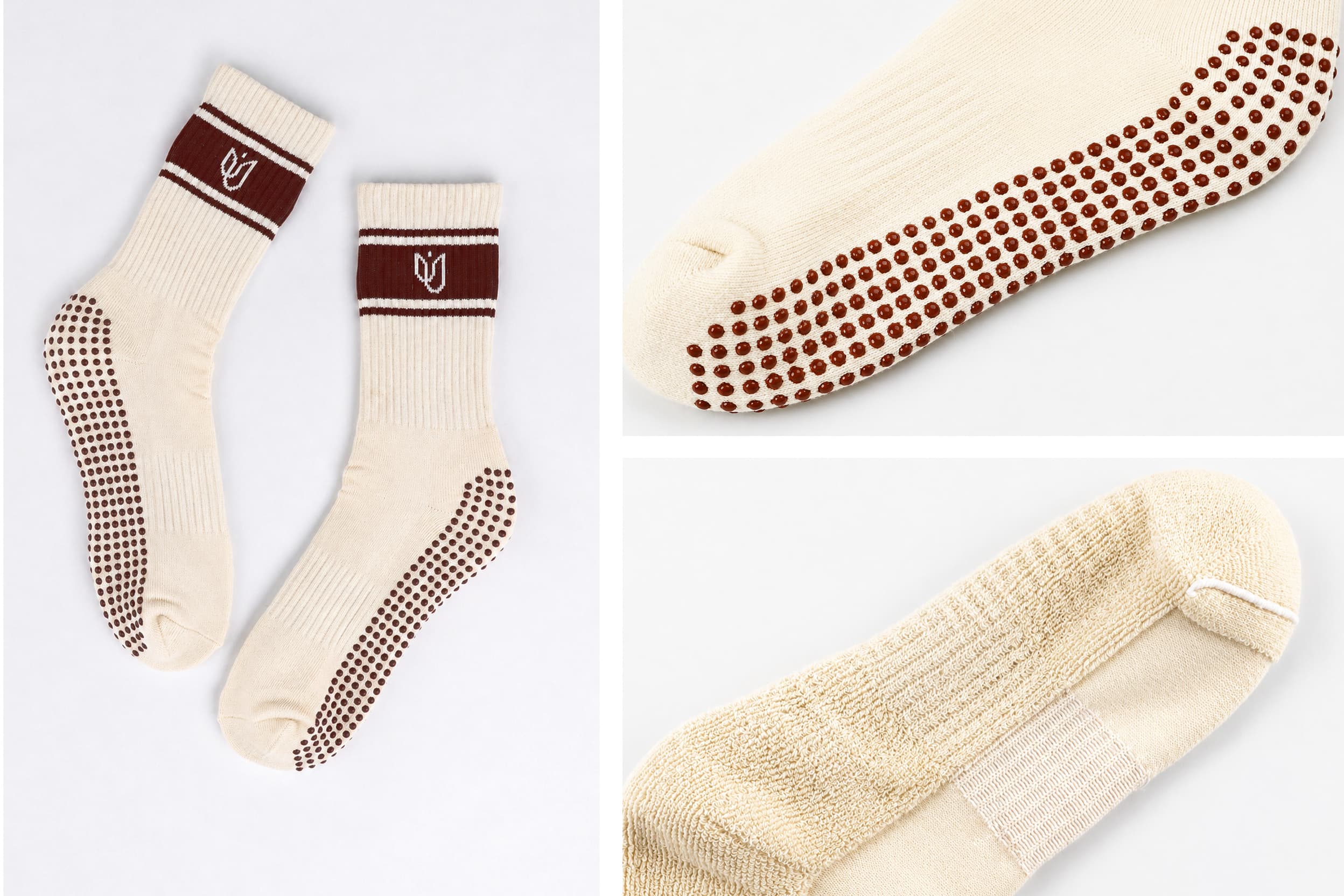 Cream Pilates grip socks showing rib knit, silicone dots and cushioned inside fabric