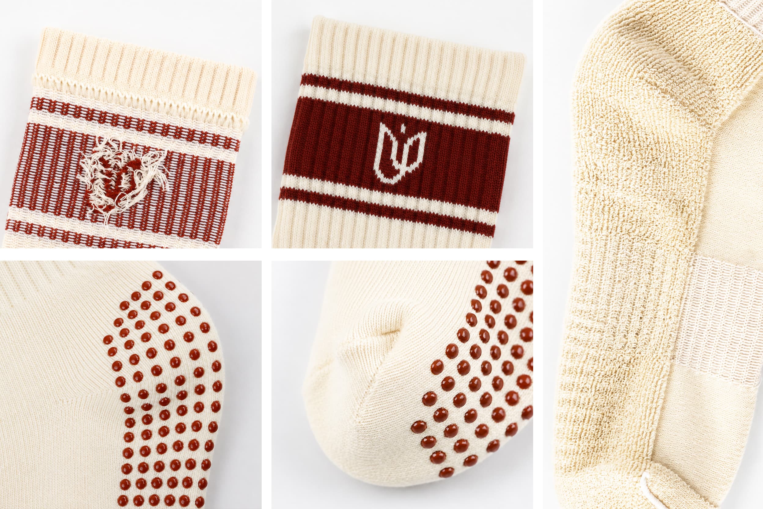 Close-up collage of Pilates sock jacquard, heel, grip and terry cushioning details
