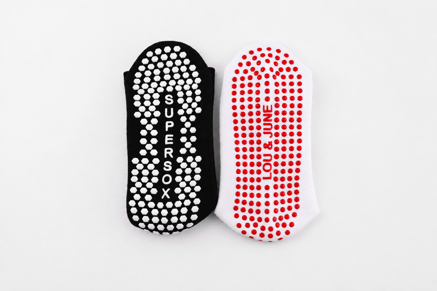 Hexagonal and round silicone grip pattern comparison on Pilates socks