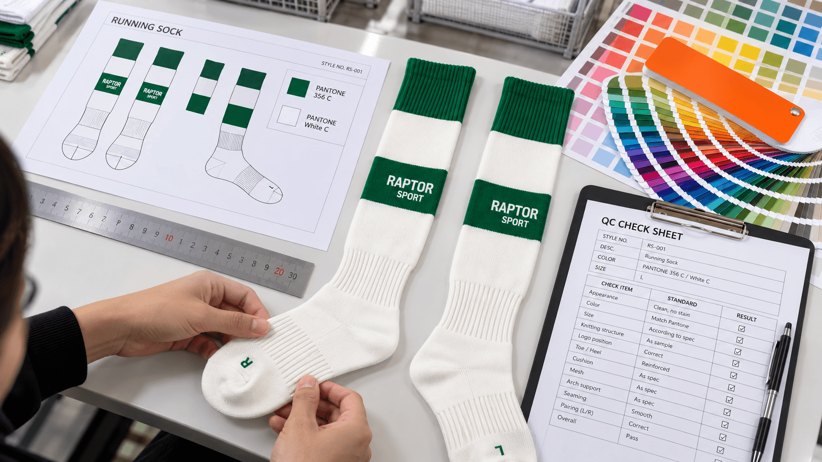 Running sock sample being reviewed against design artwork, color references and a quality checklist