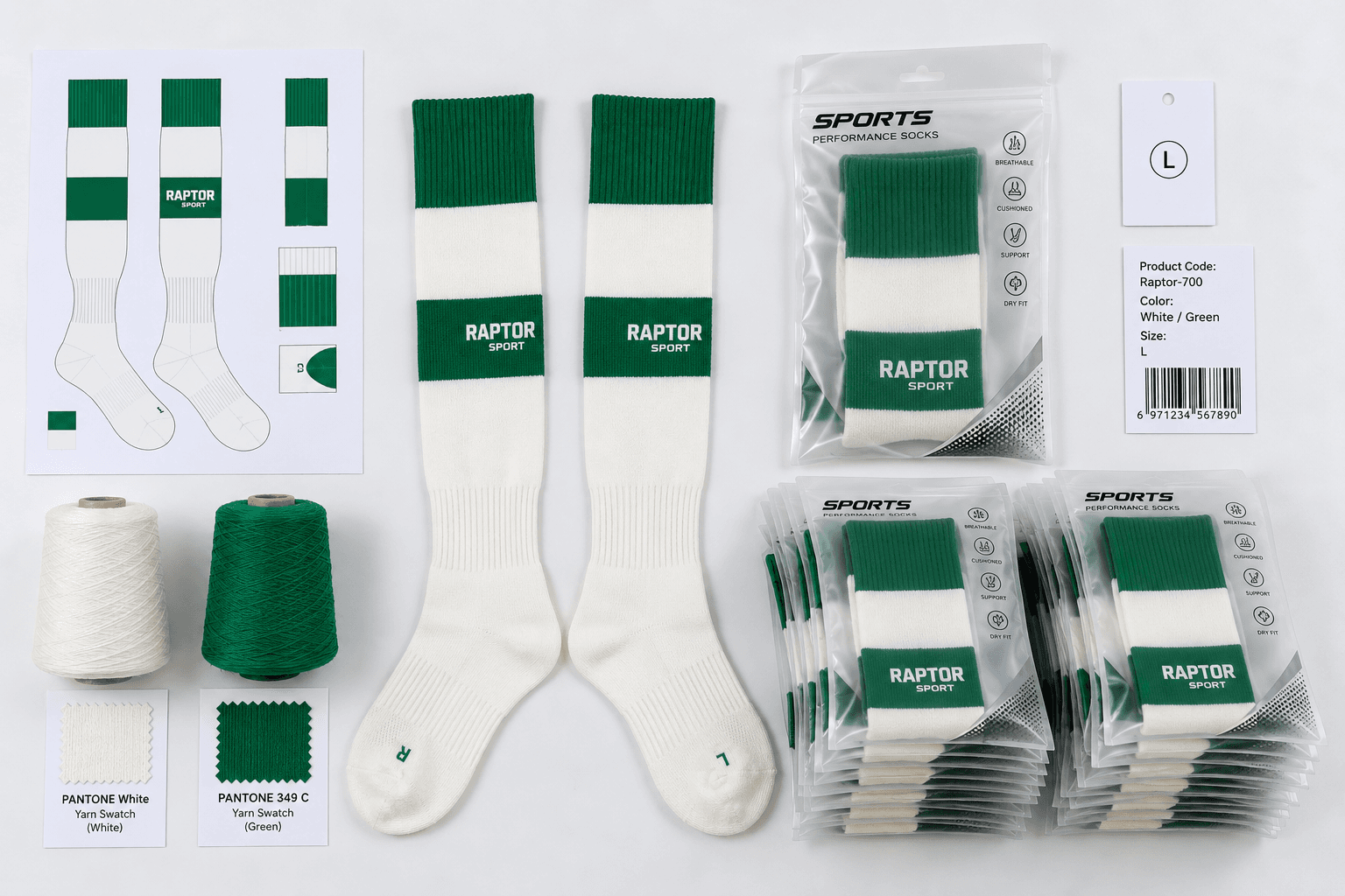 Private label running socks development layout with artwork, yarn, socks, packaging and size labels