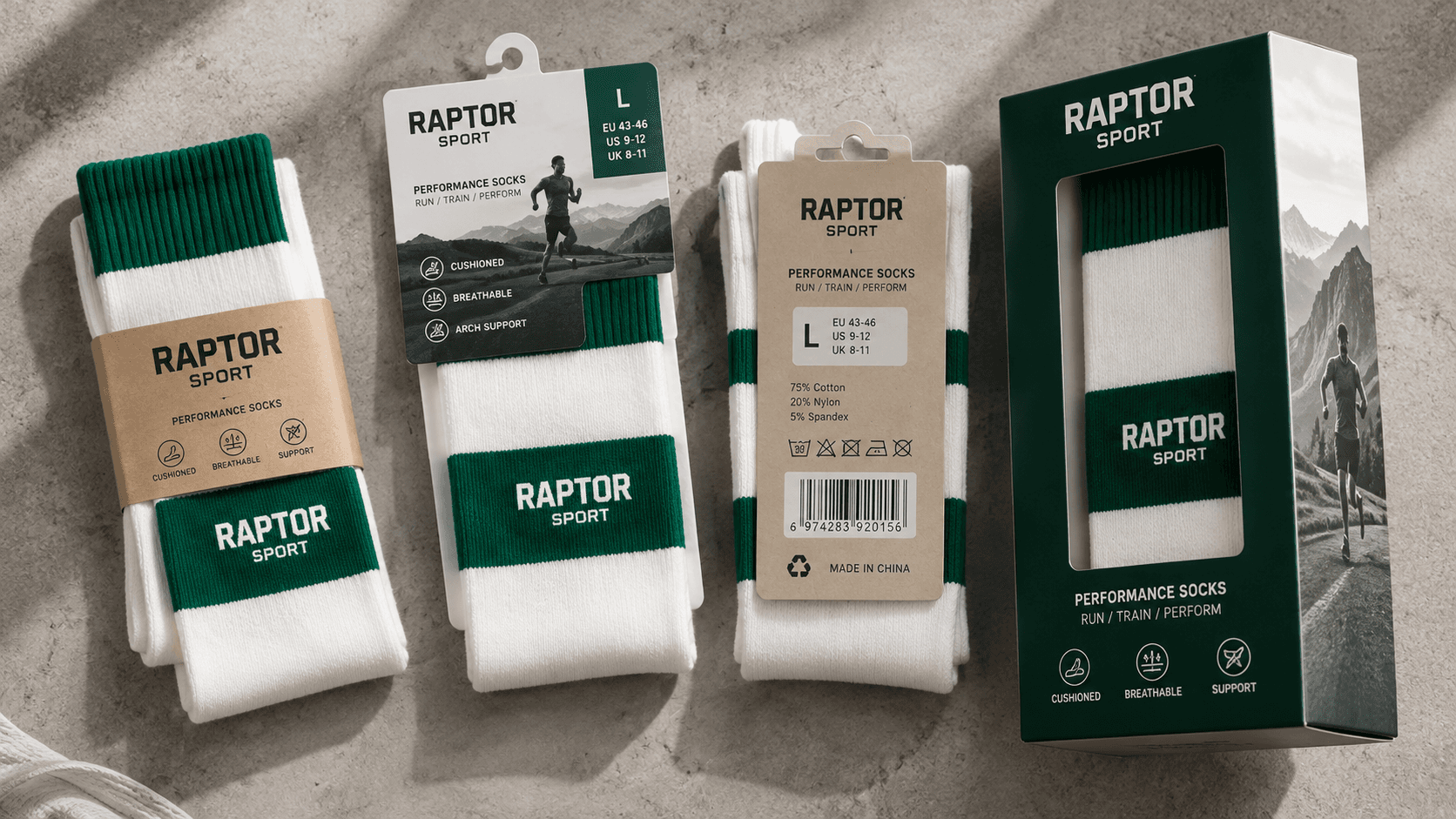 Private label running socks with paper bands, hang tags, labels and retail boxes