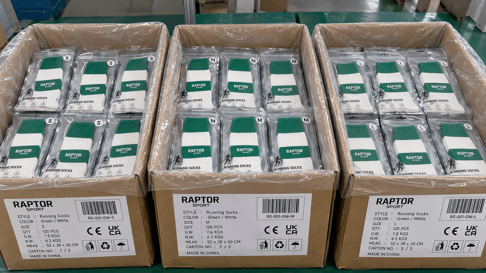 Private label running socks packed by size in cartons for a repeat order