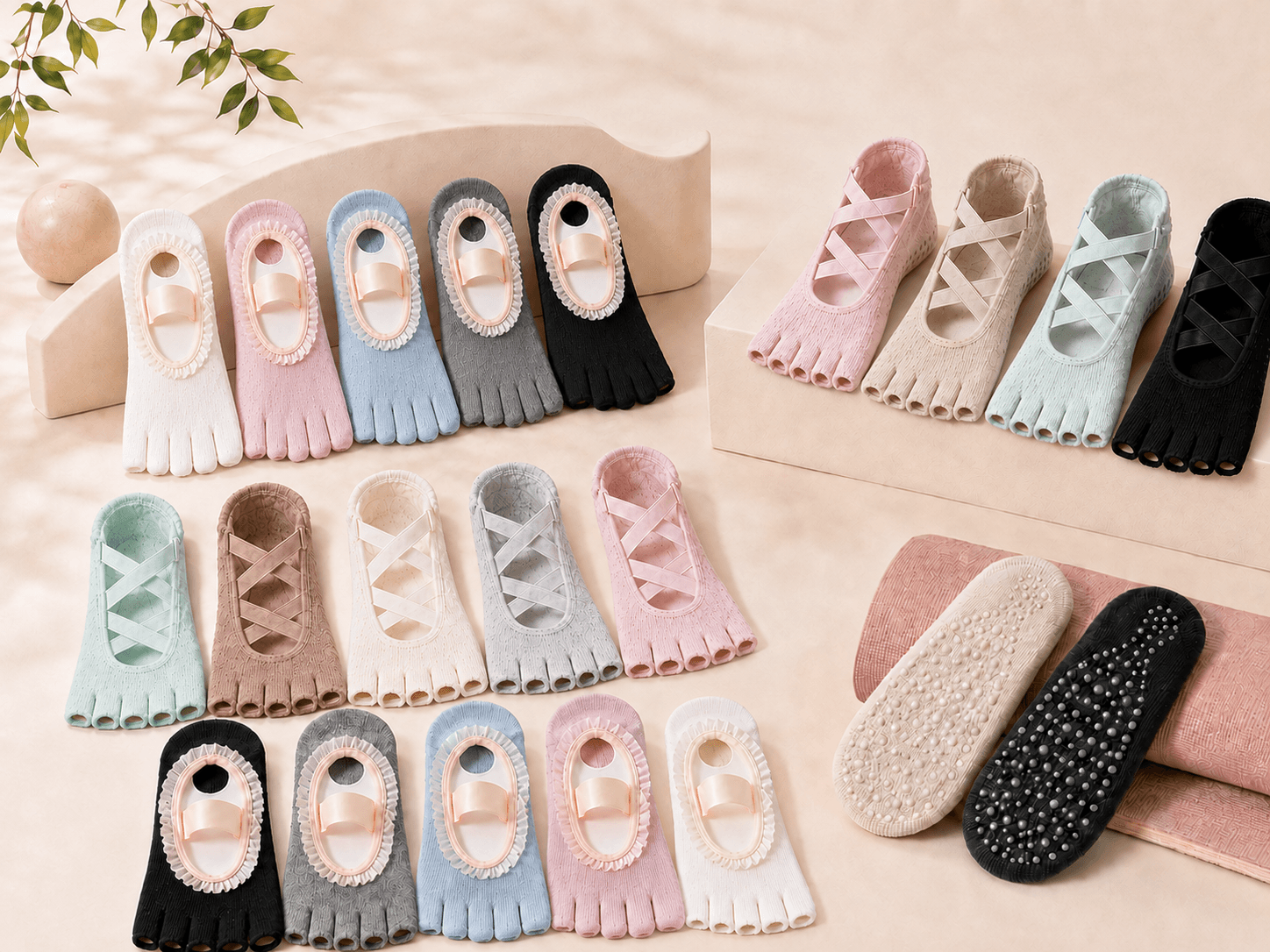 Yoga and Pilates sock collection in five-toe, cross-strap and grip styles