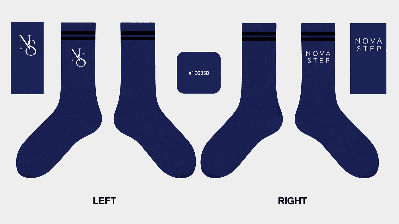 Navy Nova Step sock colorway sample with front and back branding