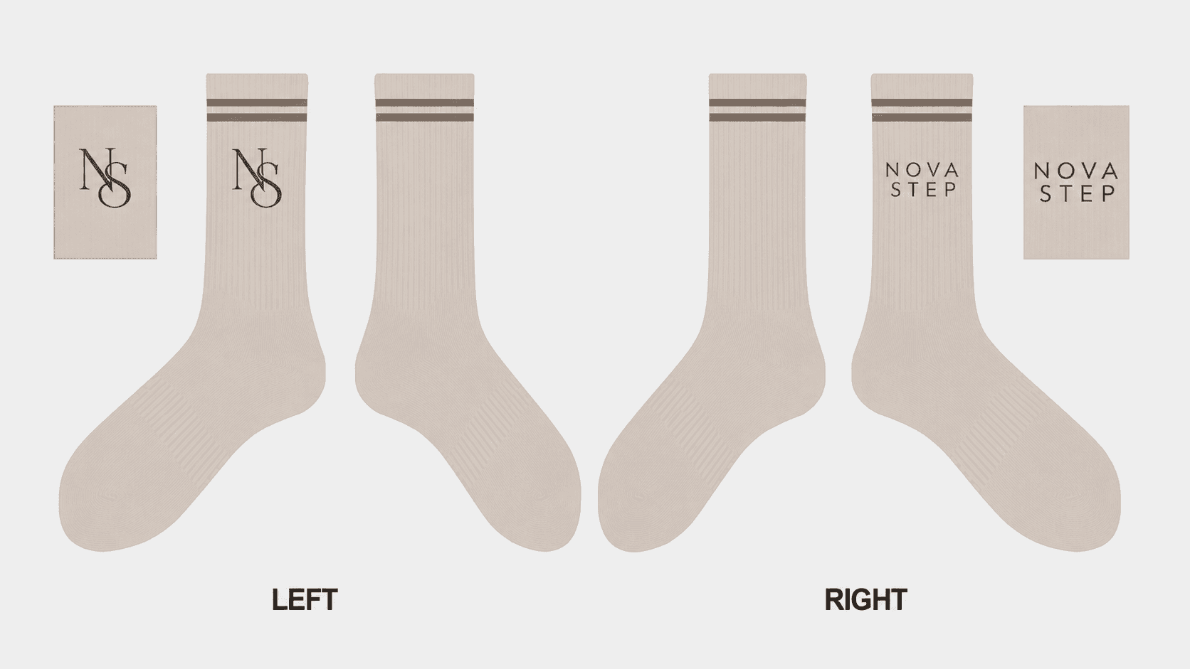 Neutral Nova Step sock colorway sample with front and back branding