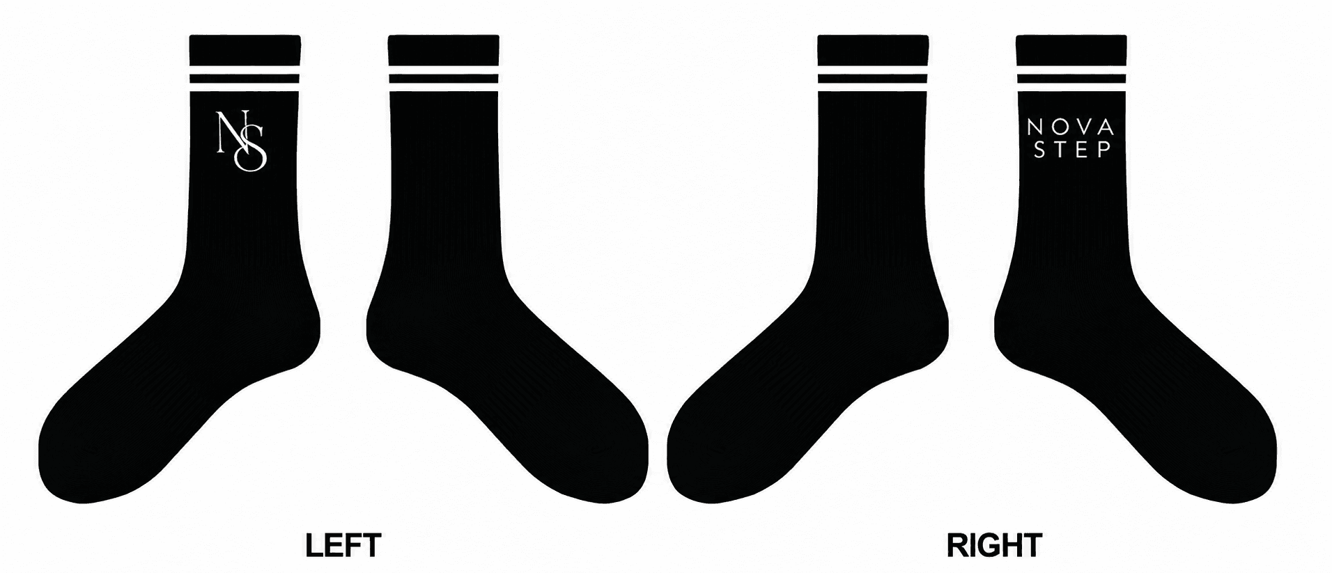 Revised black custom sock design with refined logo and stripe placement