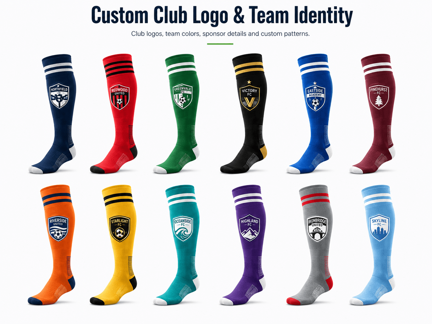 Custom football and soccer socks with club logos and team color options