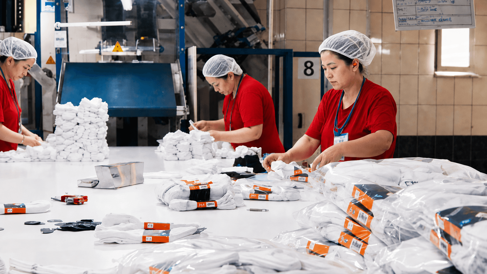 Factory team inspecting and packing finished sock orders