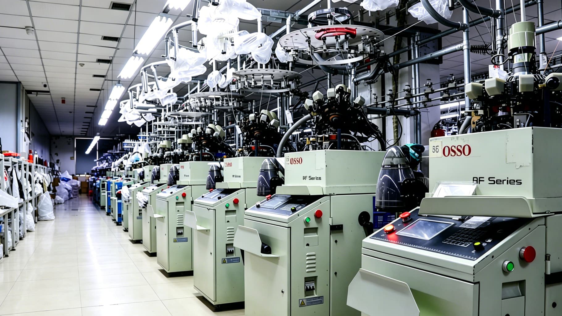 Row of sock knitting machines on the production floor